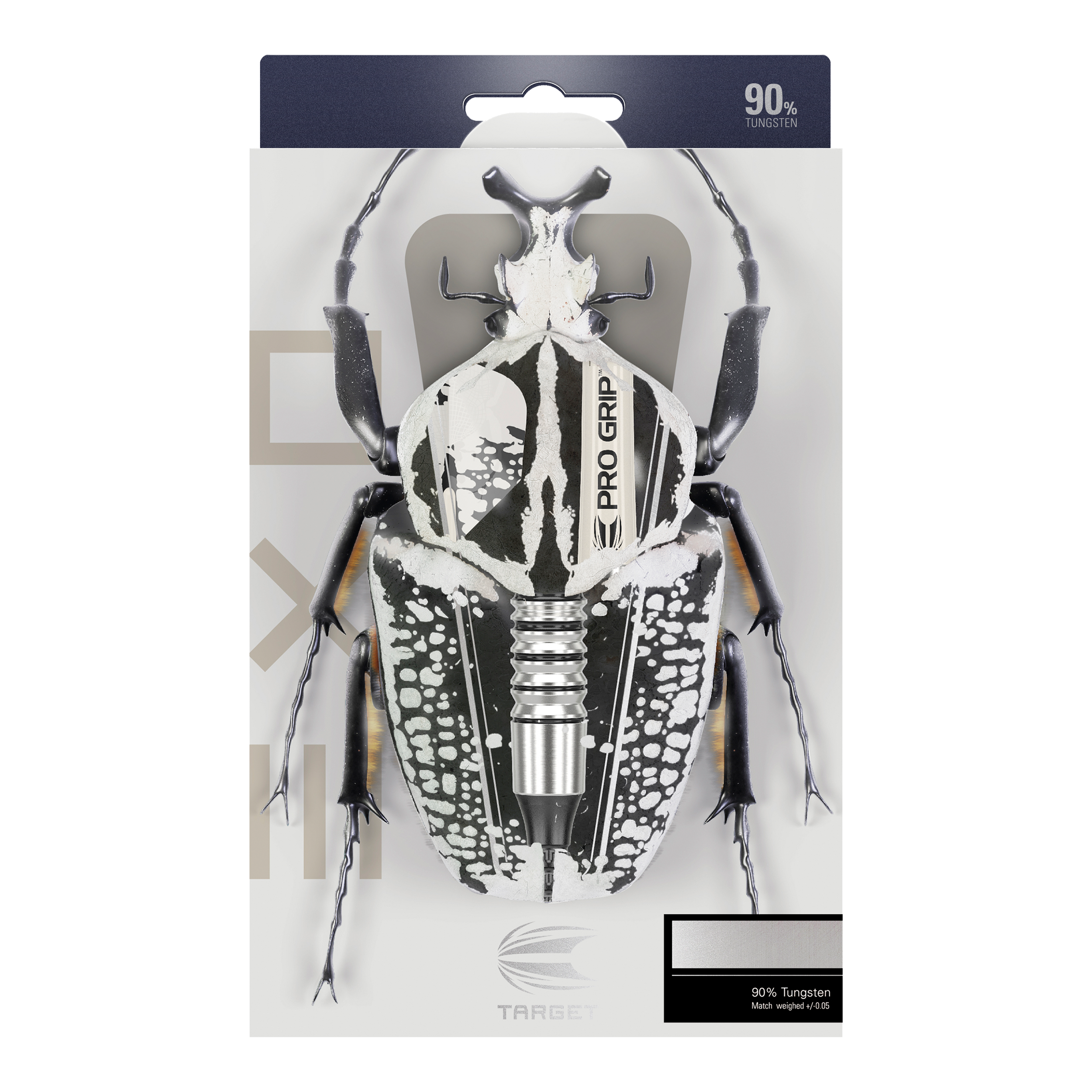 Fléchettes souples Target EXO 10 Die Verpackung zeigt die Target EXO 10 Softdarts, bei denen ein Dartpfeil kreativ als Teil eines Käfers dargestellt ist. Oben steht, dass die Darts aus 90 % Tungsten bestehen.
