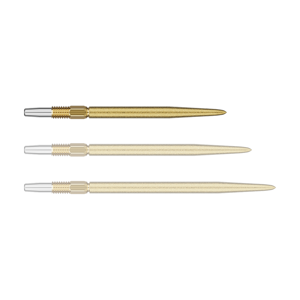 Das Bild zeigt drei goldene Dartspitzen mit silbernem Gewinde. Die Dartspitzen sind in unterschiedlichen Perspektiven angeordnet.