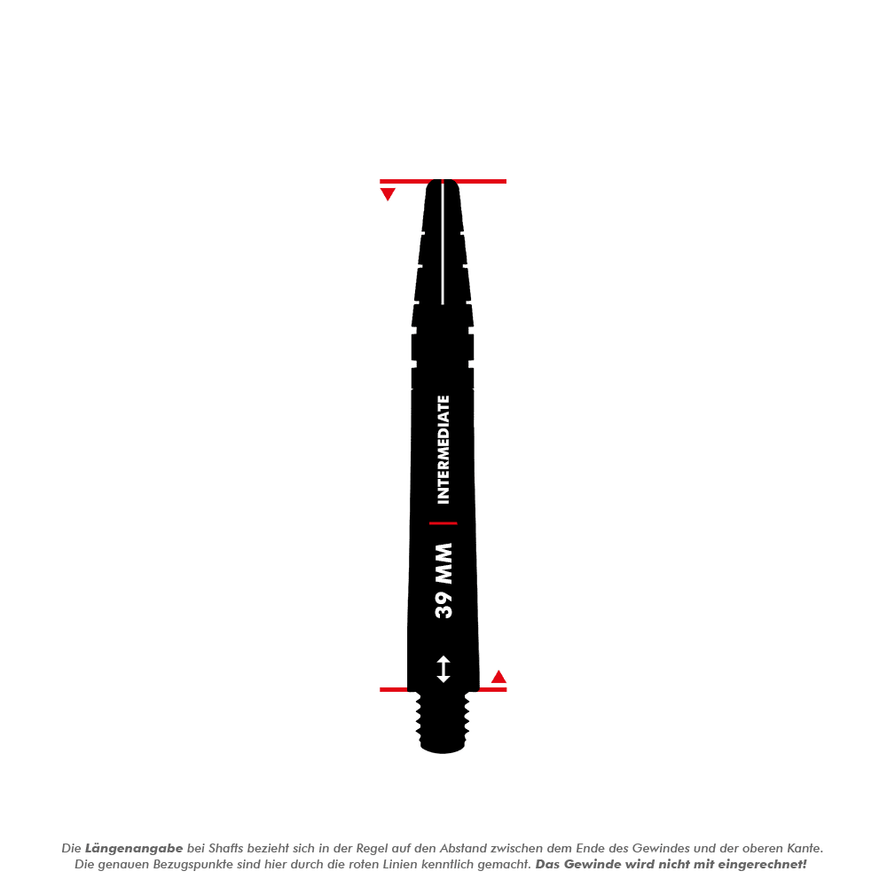 Dies ist ein Produktbild des "Red Dragon Nitrotech Gerwyn Price Shafts Schwarz" mit einer Länge von 39 mm. Die Abbildung zeigt die schwarze Dart-Schafte mit einer Markierung für die Länge.