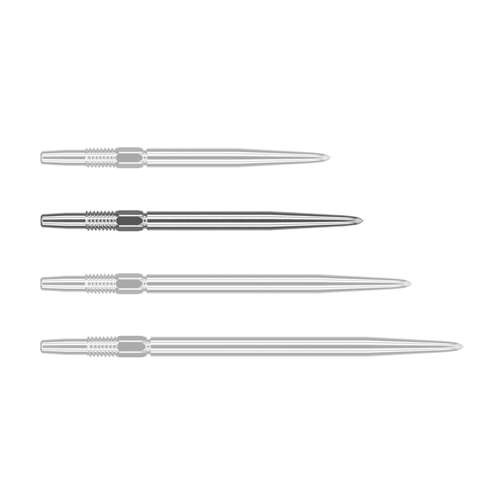 Pointes de fléchettes Target Swiss Point Silver Das Bild zeigt vier silberne Dartspitzen, die nebeneinander liegen. Sie sind lang, schmal und haben ein geriffeltes Stück am oberen Ende.