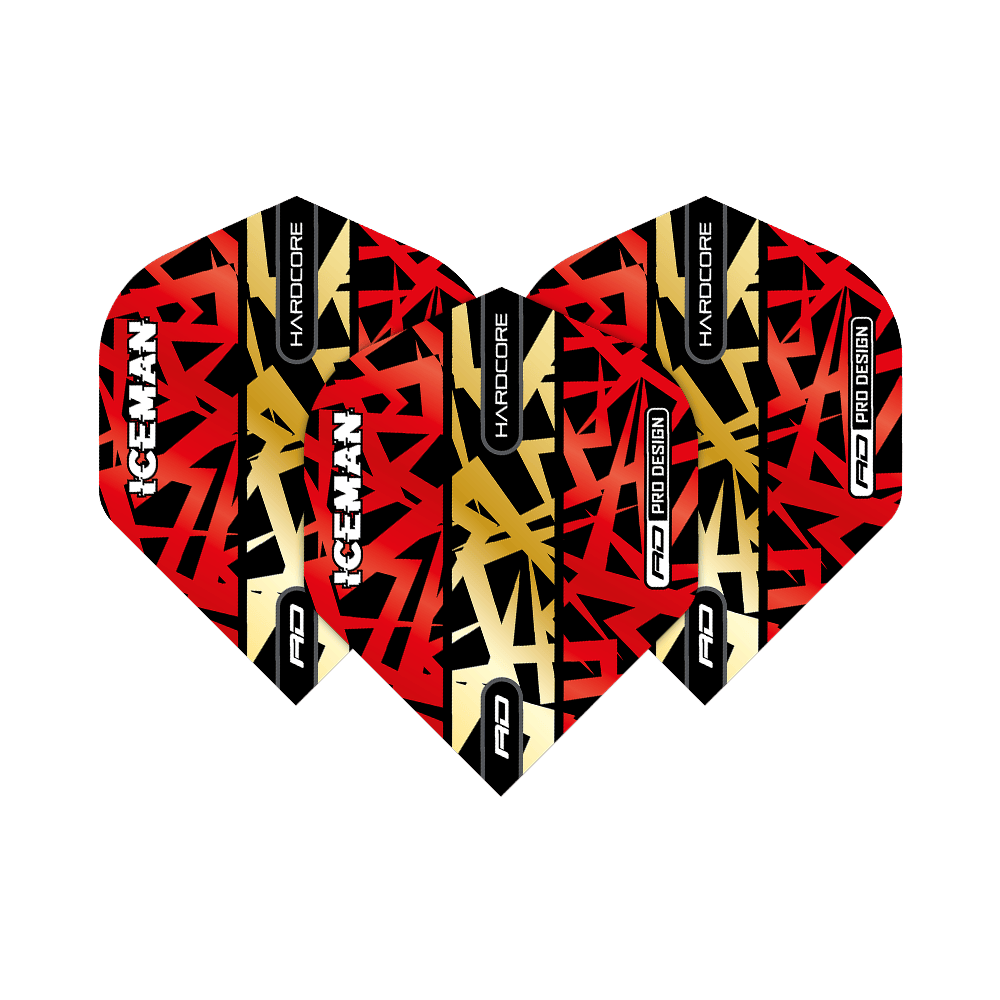 Das Bild zeigt drei Dartflights in den Farben Rot, Gold und Schwarz mit auffälligem Muster. Auf den Flights stehen die Wörter "ICEMAN", "HARDCORE" und "RD PRO DESIGN".