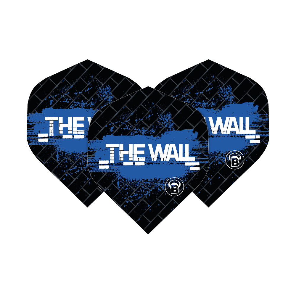 Bulls B-Star Martin Schindler Noir Bleu N°2 Vols Standard Das Bild zeigt drei schwarze Dart-Flights mit blauen Akzenten und der Aufschrift „THE WALL“. Es handelt sich um die Bulls B-Star Martin Schindler Black Blue No2 Standard Flights.
