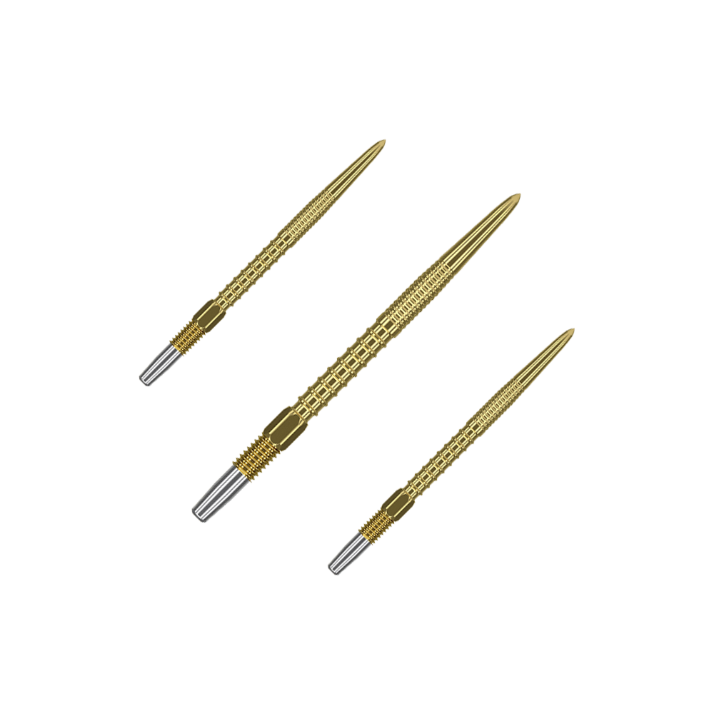 Pointes de fléchettes Target Swiss Firepoint Gold Das Bild zeigt drei goldfarbene Dartspitzen mit silbernem Gewinde am Ende. Sie sind schlank und haben eine strukturierte Oberfläche für besseren Halt.