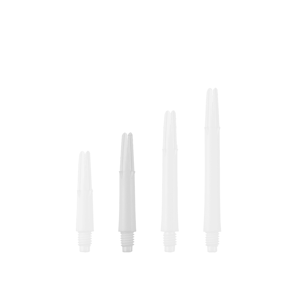 Arbres en L verrouillés droits - Blanc Auf dem Bild sind vier weiße, gerade Dartschäfte in unterschiedlichen Längen zu sehen. Sie stehen nebeneinander aufrecht auf einem grünen Hintergrund.