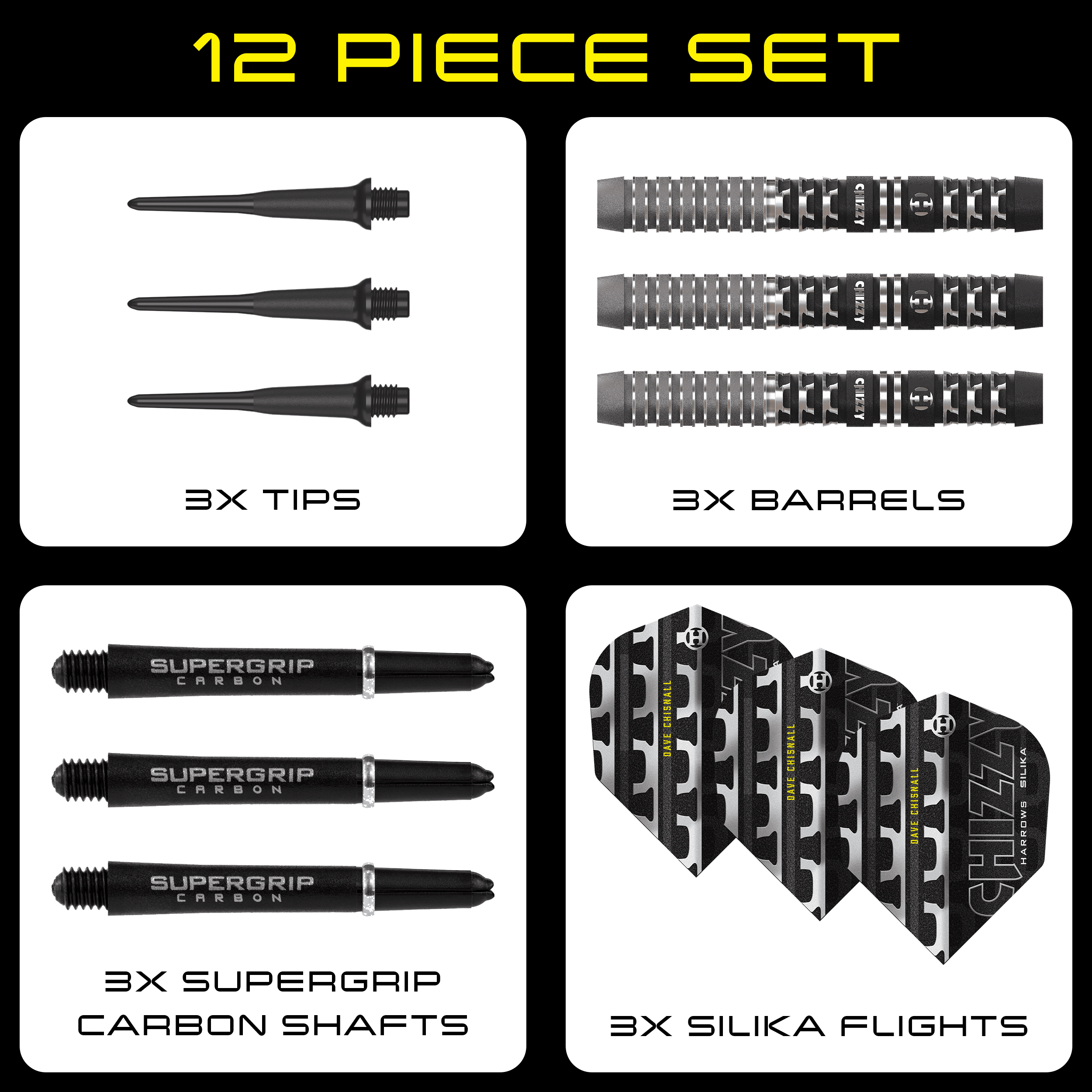 Fléchettes souples Dave Chisnall Chizzy Series 4 de Harrow Zu sehen sind die Harrows Dave Chisnall Chizzy Series 4 Softdarts. Diese Softdarts bieten eine ausgezeichnete Qualität für Dartliebhaber.