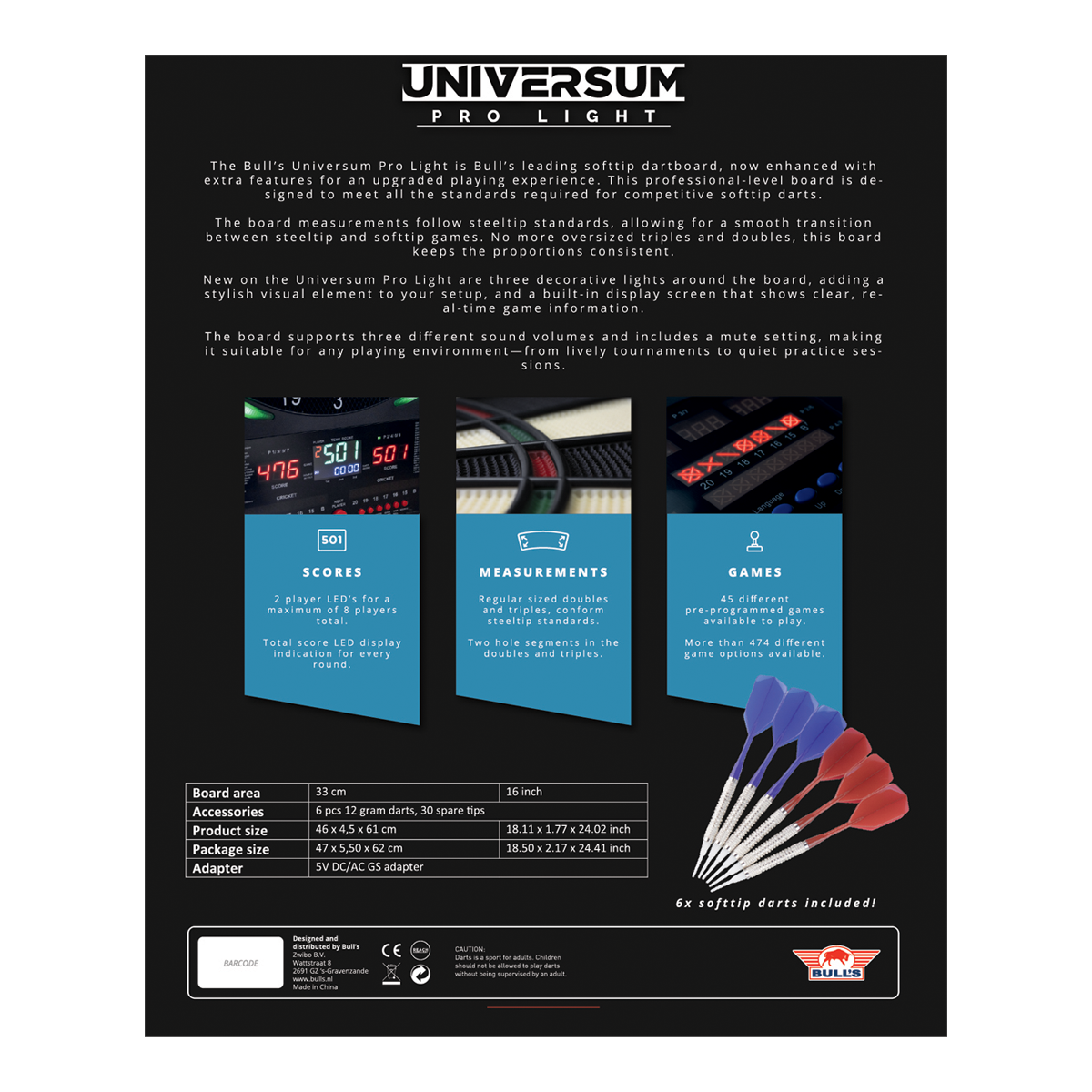 Cible de fléchettes électronique Bulls NL Universum Pro Light - Bleu Rouge Auf dem Bild ist das Bulls NL Universum Pro Light Elektronisches Dartboard - Blau Rot zu sehen. Es eignet sich perfekt für Darts-Spiele zu Hause.