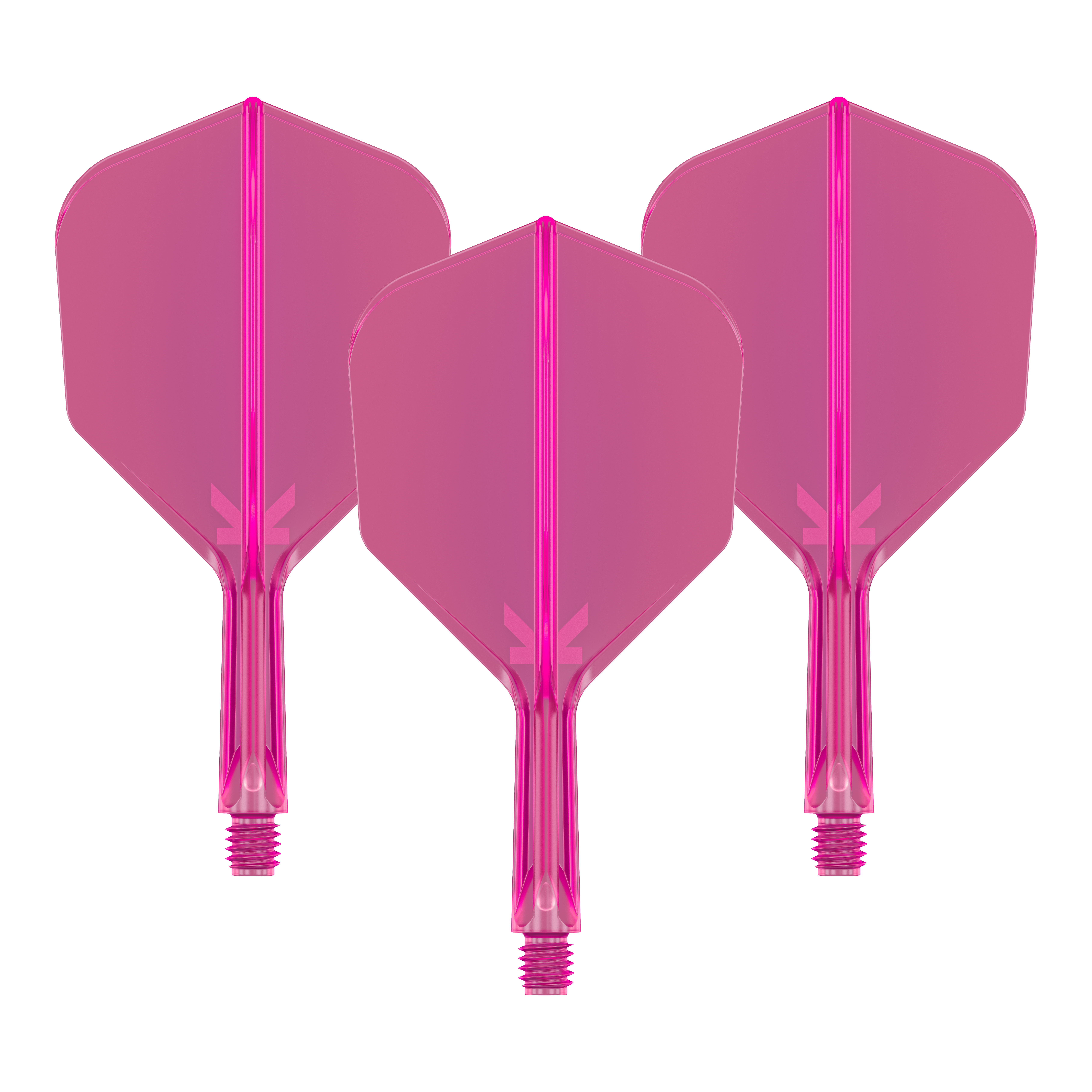 Système de vol Target K-Flex No6 - Rose fluo Das Bild zeigt drei neonpinke Dart-Flights mit angesetzten Schäften. Sie sind nebeneinander angeordnet und haben ein transparentes Design.