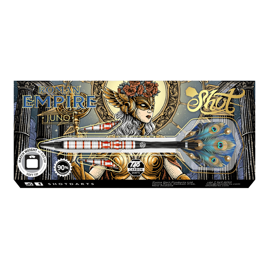 Fléchettes souples Juno de l'Empire romain Das Bild zeigt die Verpackung der Shot Roman Empire Juno Softdarts. Auf der Verpackung ist ein kunstvolles Design mit einer Kriegerin und auffälligen Farben abgebildet.