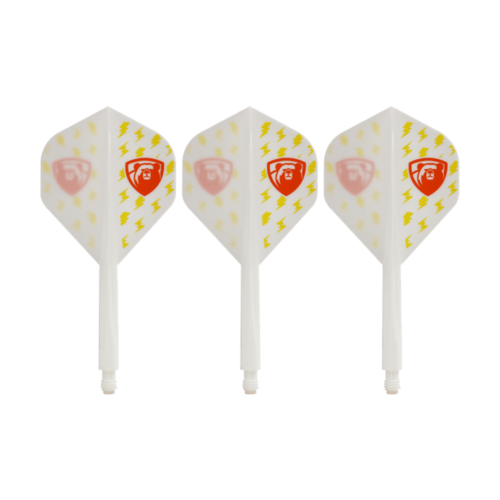 Das Bild zeigt drei weiße Dartflights des Condor AXE Thunderbolt White Flight-Systems in Standardform. Die Flights sind mit gelben Blitzen und einem roten Schild-Logo verziert.