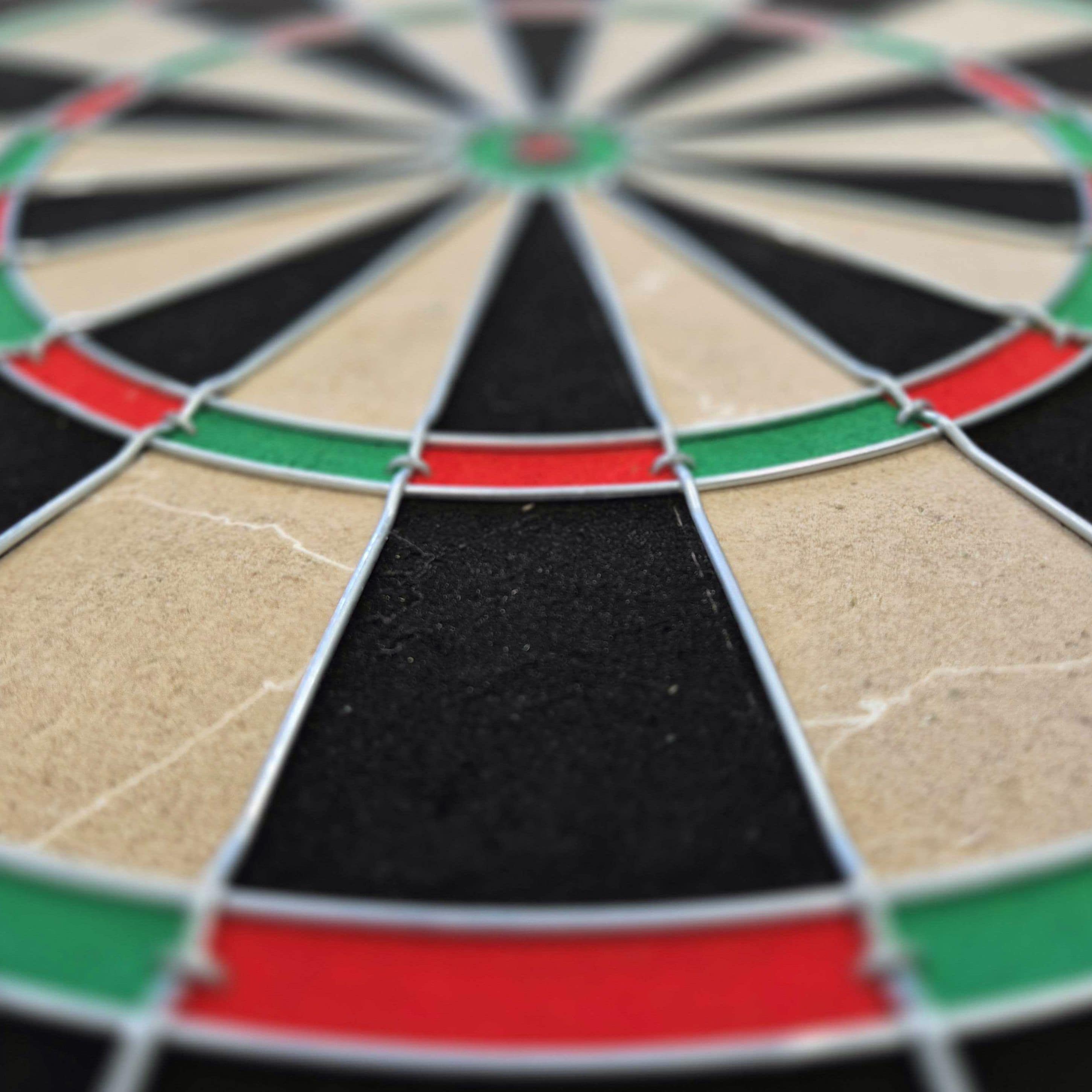Jeu de fléchettes en acier Target Dimitri Van Den Bergh Das Bild zeigt eine Nahaufnahme eines Steeldartboards mit schwarz, beige, rot und grün markierten Segmenten. Besonders gut zu erkennen sind die Drähte, die die Felder voneinander trennen.