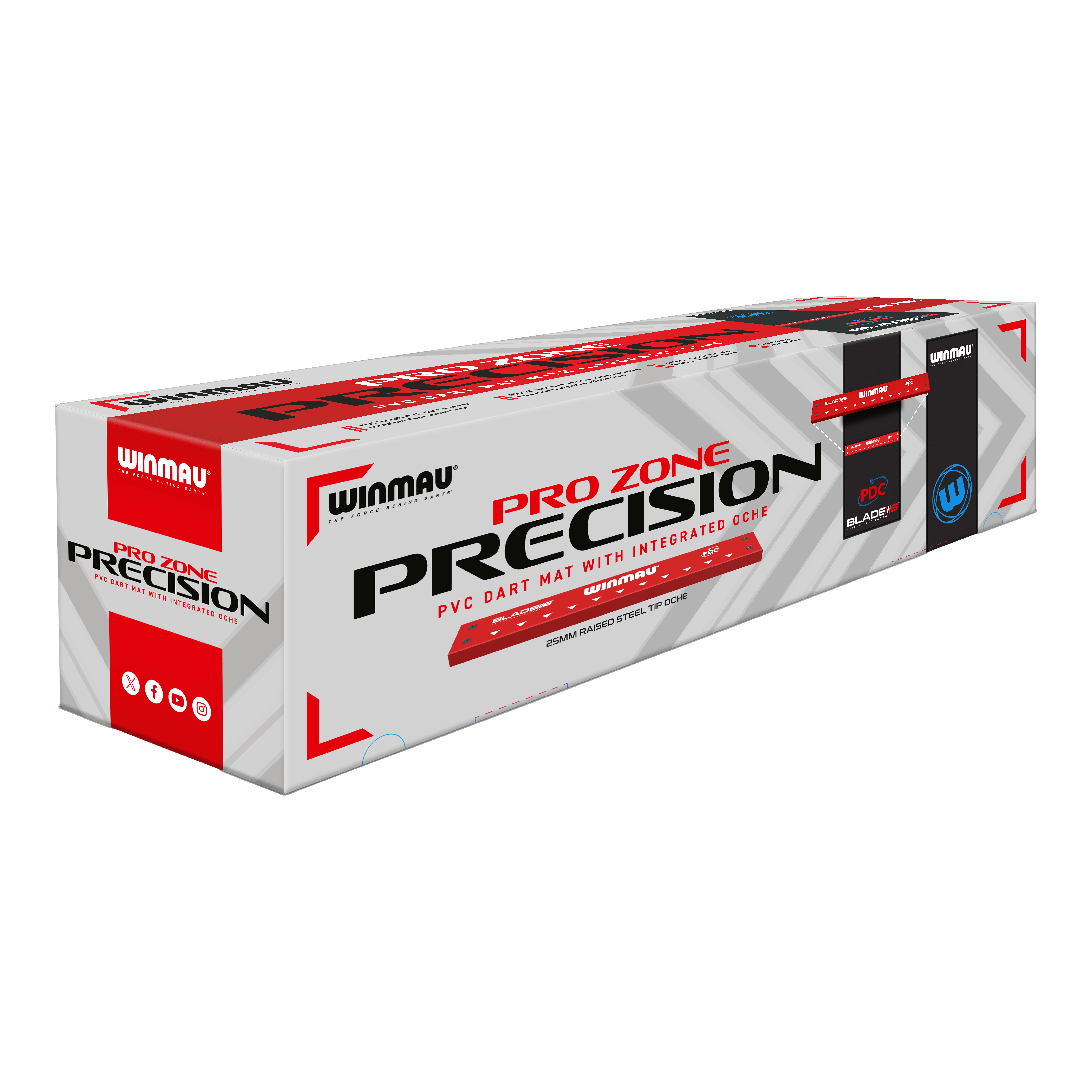 Tapis de fléchettes Winmau Pro-Zone Precision Blade 6 avec Oche Die Abbildung zeigt die Verpackung der "Winmau Pro-Zone Precision Blade 6 Dartmatte mit Oche". Auf der Verpackung steht, dass es sich um eine PVC-Dartmatte mit integriertem Oche handelt.