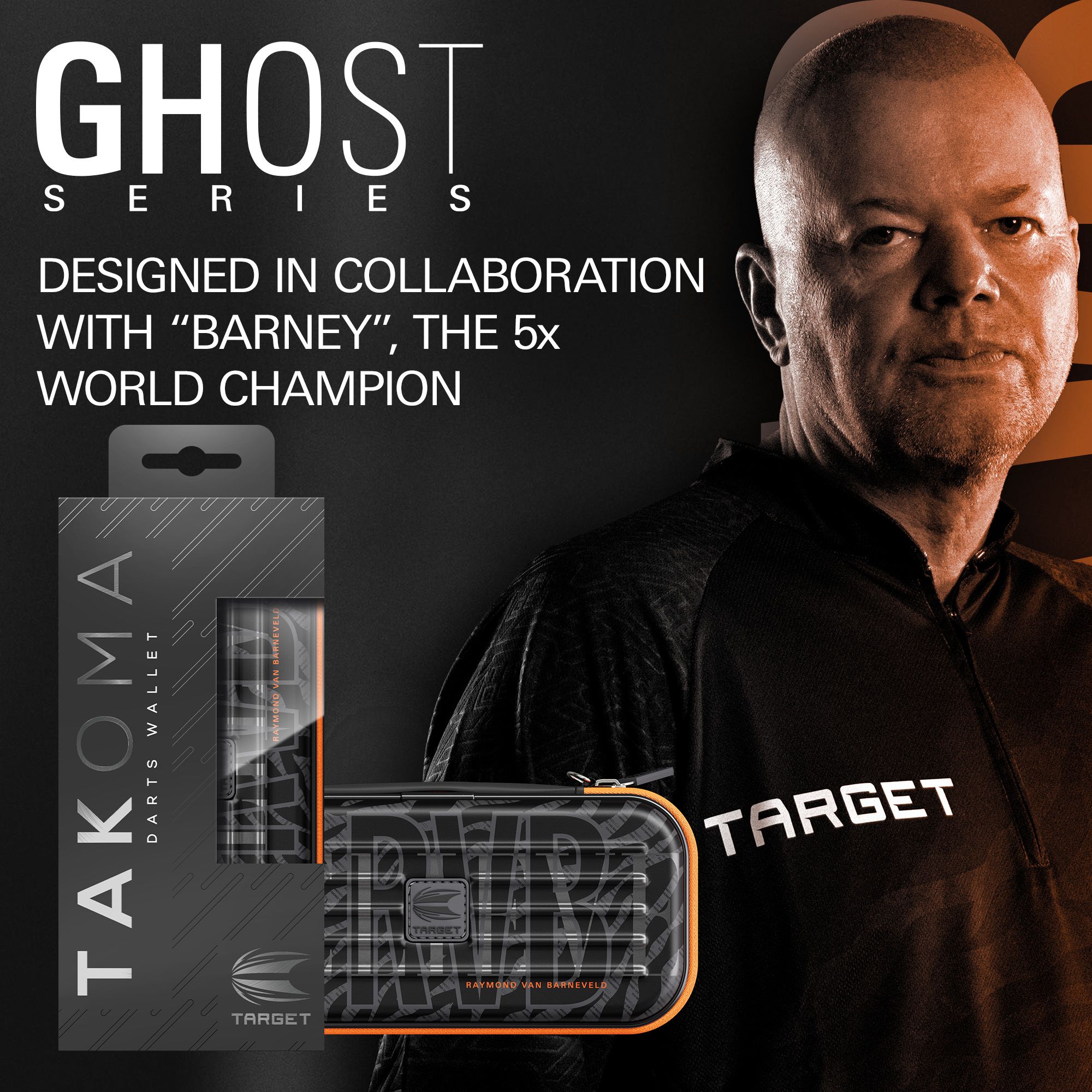 Zu sehen ist das Takoma Ghost Series Raymond Van Barneveld Dartcase. Es ist ein stabiles Etui für Darts, inspiriert von Raymond Van Barneveld.