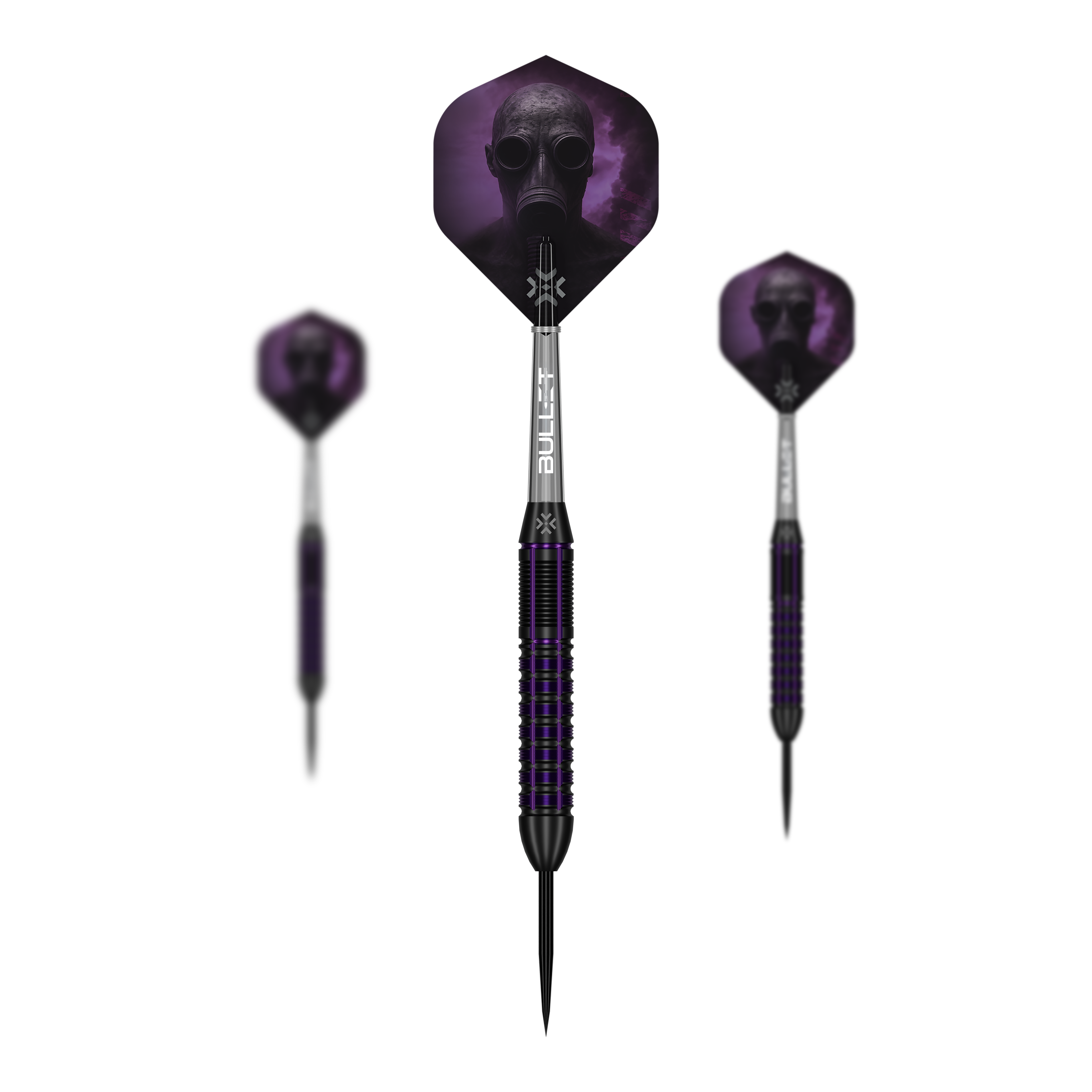 Fléchettes Bullet Toxic en laiton et acier - 23 g Das Bild zeigt das Set Bullet Toxic Brass Steeldarts - 23g. Das Set enthält mehrere Steeldart-Pfeile aus Messing.