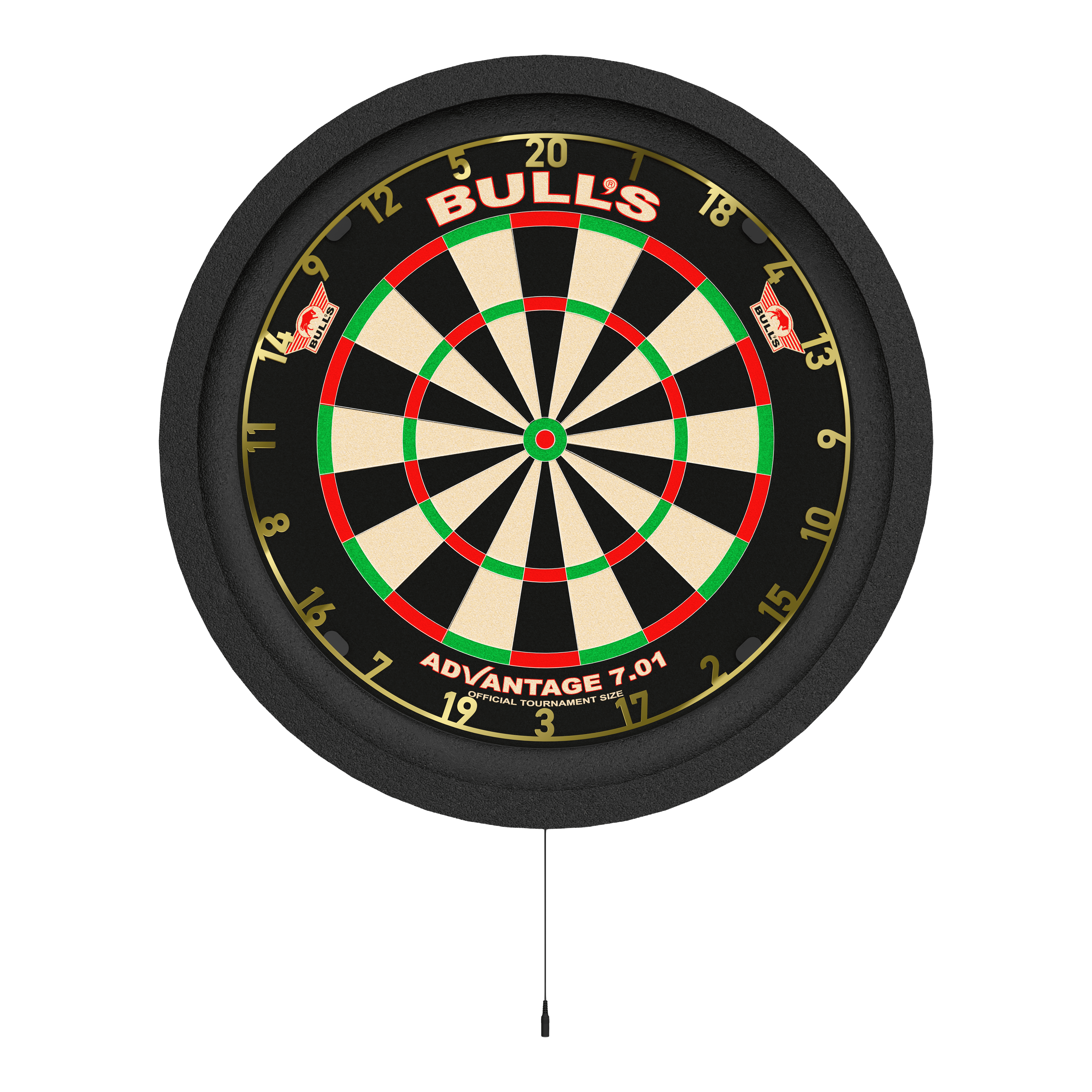 Système d'éclairage d'ambiance Bulls NL Lumo 2 Das Bild zeigt eine Dartscheibe mit einer runden, beleuchteten Umrandung. Es handelt sich um das Produkt „Bulls NL Lumo 2 Light Surround Beleuchtungssystem“.