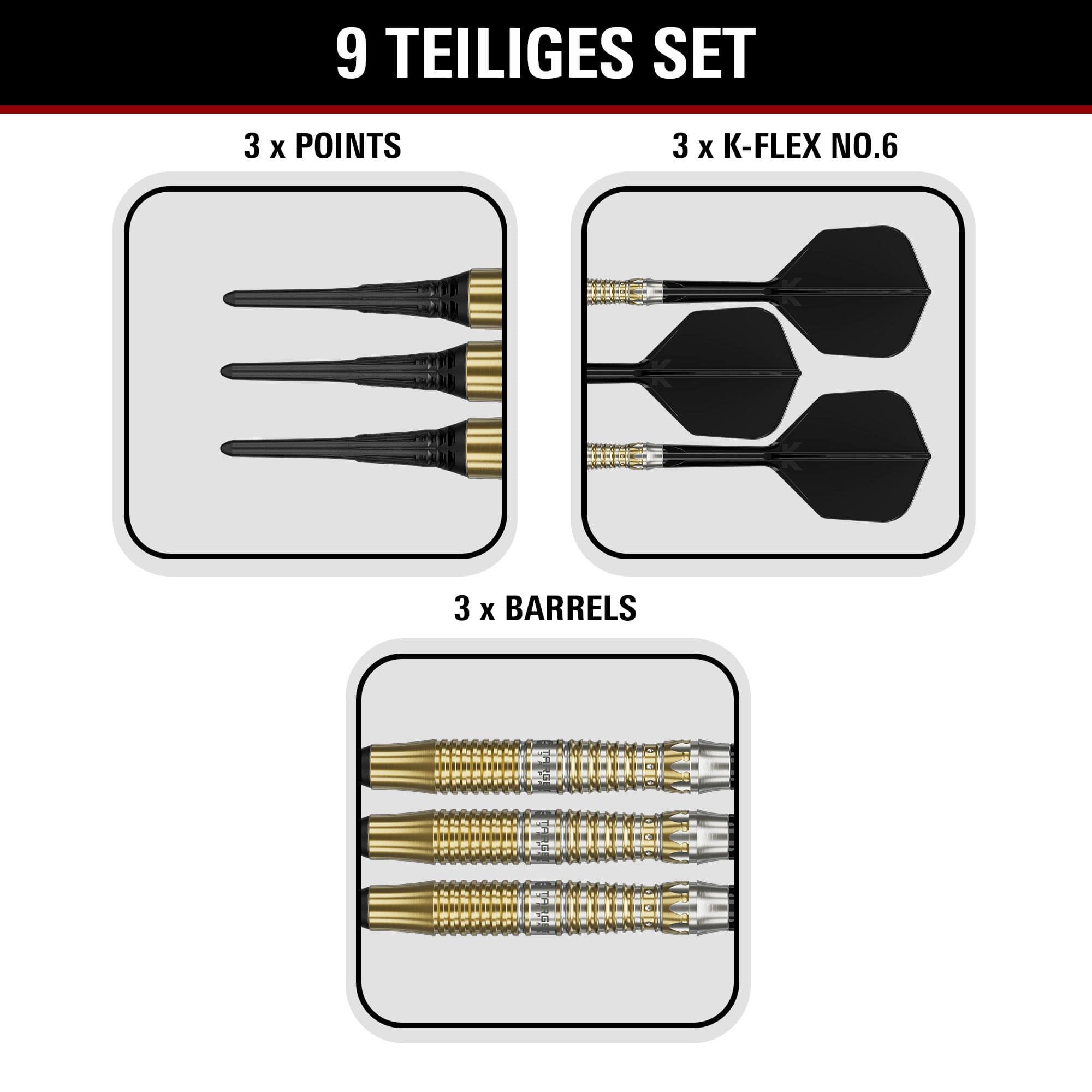 Fléchettes Target Black Marque Enzo Soft - 18 g Auf dem Bild befinden sich die Target Black Marque Enzo Softdarts mit 18g Gewicht. Die Softdarts sind für ihre gute Balance und Verarbeitung bekannt.