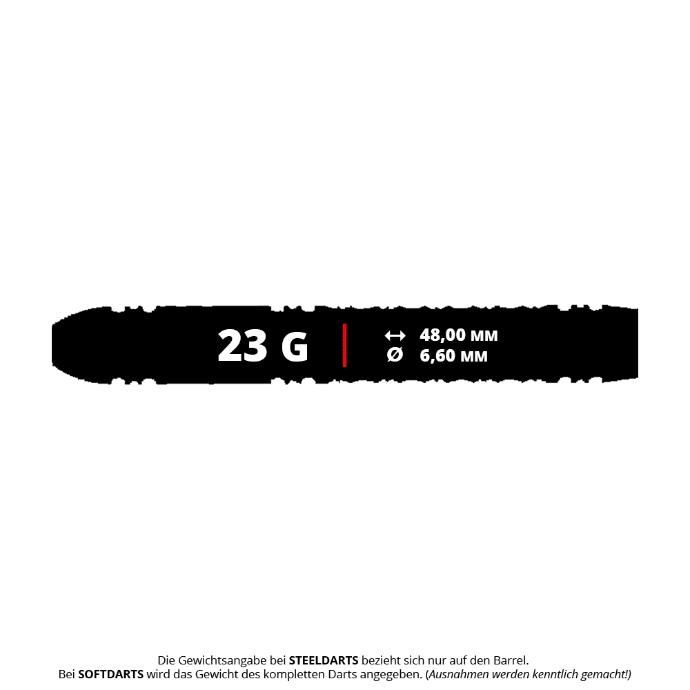 Abgebildet ist ein Satz Caliburn Wolfpack W1 Steeldarts mit einem Gewicht von 23 Gramm. Diese Darts sind ideal für präzises Dartspiel geeignet.