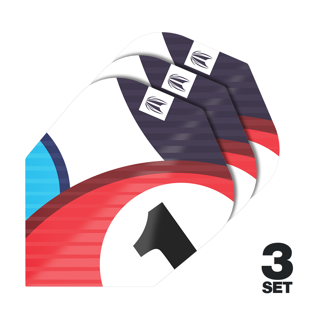 Ailettes Target Pro Ultra Chicane Blue No6 - 3 jeux Das Bild zeigt drei Sets von Target Pro Ultra Chicane Blue No6 Flights für Darts. Auf den Flights sind rote, blaue und schwarze Designelemente sowie die Zahl 1 zu sehen.