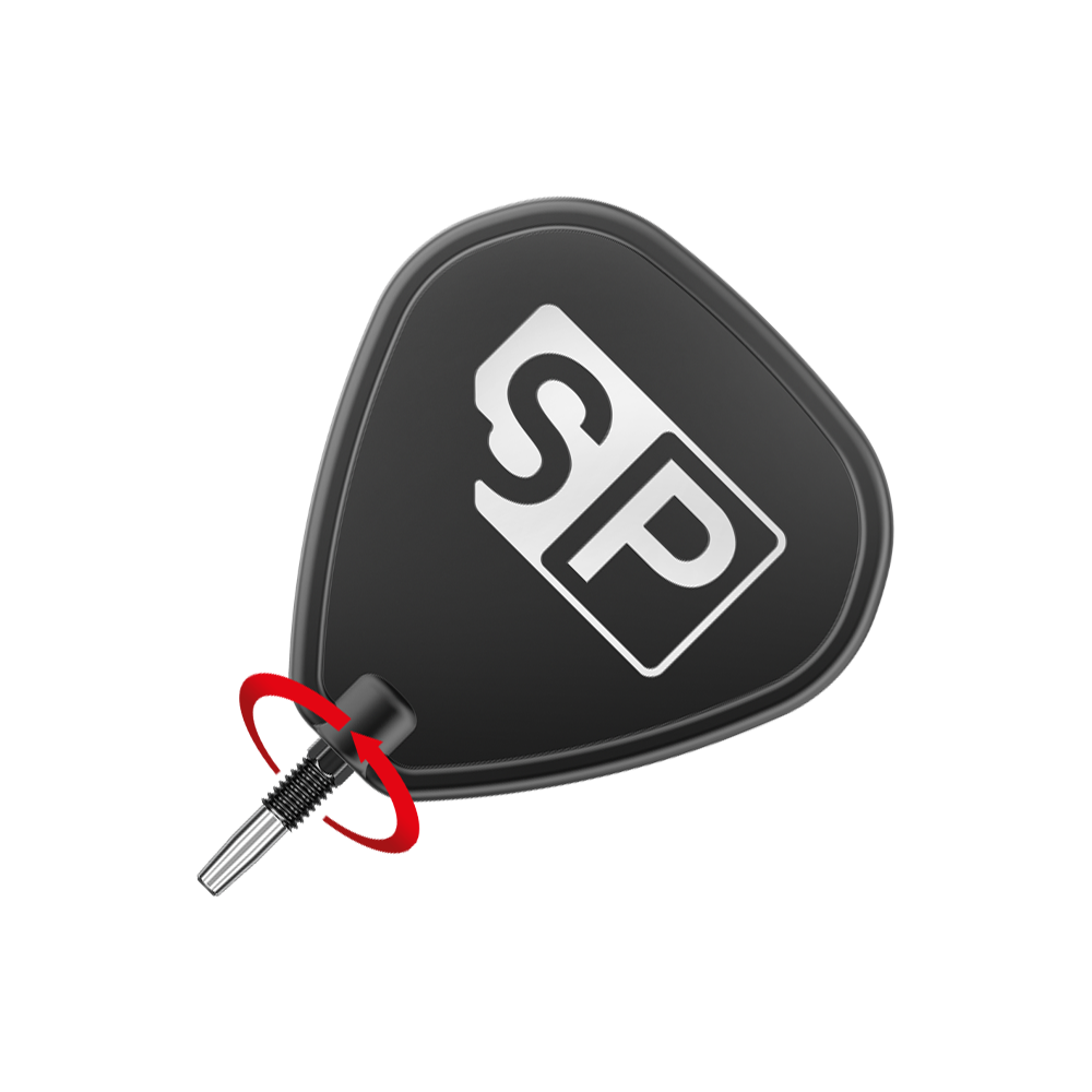 Pointes de fléchettes Target Swiss Point RVE - Noires Das Bild zeigt eine schwarze Dartspitze mit der Aufschrift "SP" in Weiß. Ein roter Pfeil deutet auf die Richtung hin, in der die Spitze eingedreht werden soll.