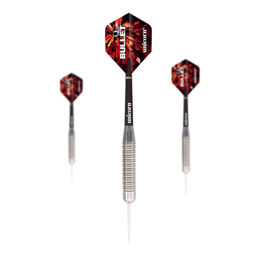 Fléchettes en acier Unicorn Bullet Gary Anderson - 22 g Das Bild zeigt drei Steeldarts des Modells "Unicorn Bullet Gary Anderson - 22g". Die Darts haben silberne Spitzen, geriffelte Griffe und rot-schwarze Flights mit der Aufschrift "BULLET".