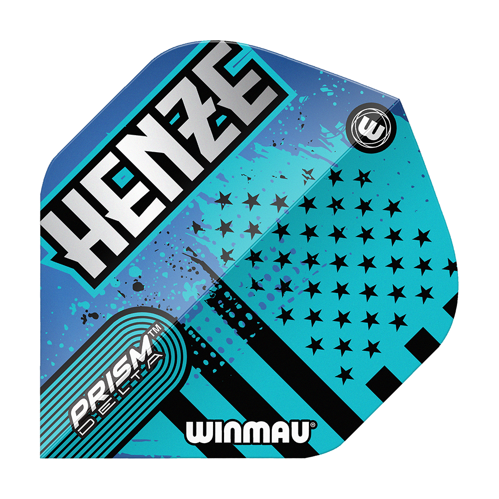 Das Bild zeigt ein Winmau Prism Delta Rick Henze Standard Flight in blau-schwarzem Design. Auf dem Flight stehen die Wörter "HENZE", "PRISM DELTA" und "WINMAU".