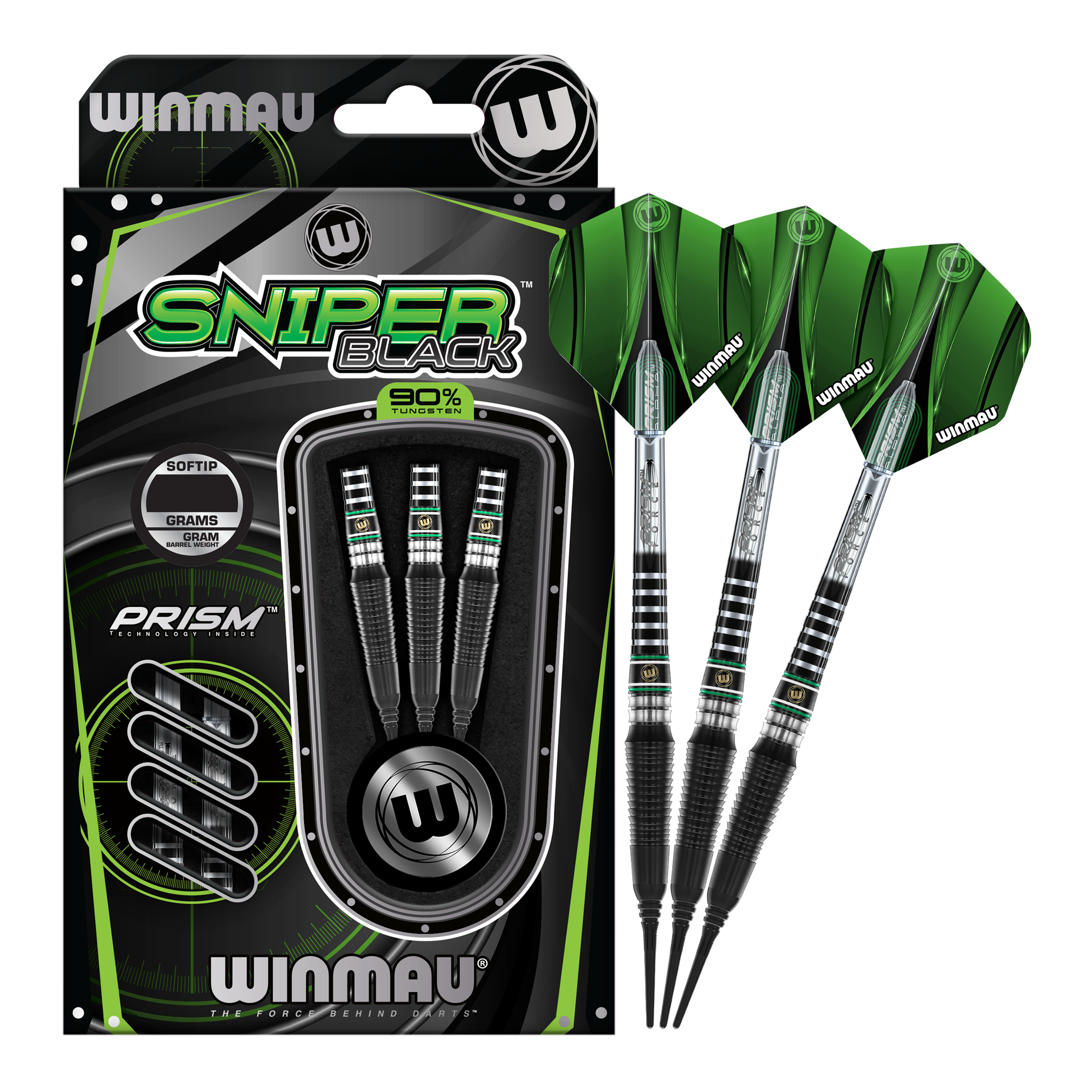 Fléchettes souples Winmau Sniper Black 2025 - 20 g Das Bild zeigt die Winmau Sniper Black 2025 Softdarts mit einem Gewicht von 20g. Die Darts sind schwarz und grün gestaltet und werden in einer Verpackung mit drei Stück präsentiert.