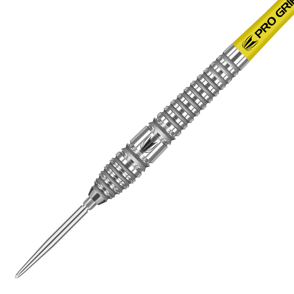 Das Bild zeigt einen Target Bolide 03 Swiss Point Steeldart. Der Dart besteht aus silbernem Metall mit einem gelben Schaft, auf dem „Pro Grip“ steht.
