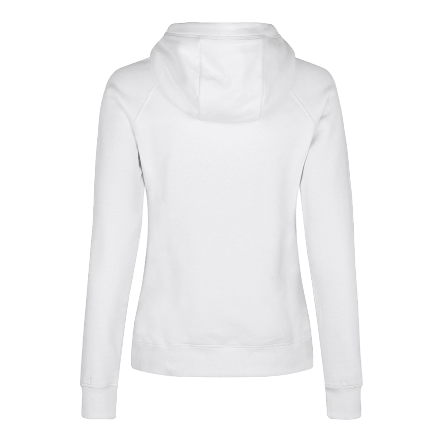 Sweat à capuche Femme Barrels and Shafts - Blanc Dies ist ein weißer Damen-Hoodie, der von hinten zu sehen ist. Das schlichte Design zeigt lange Ärmel und eine Kapuze.