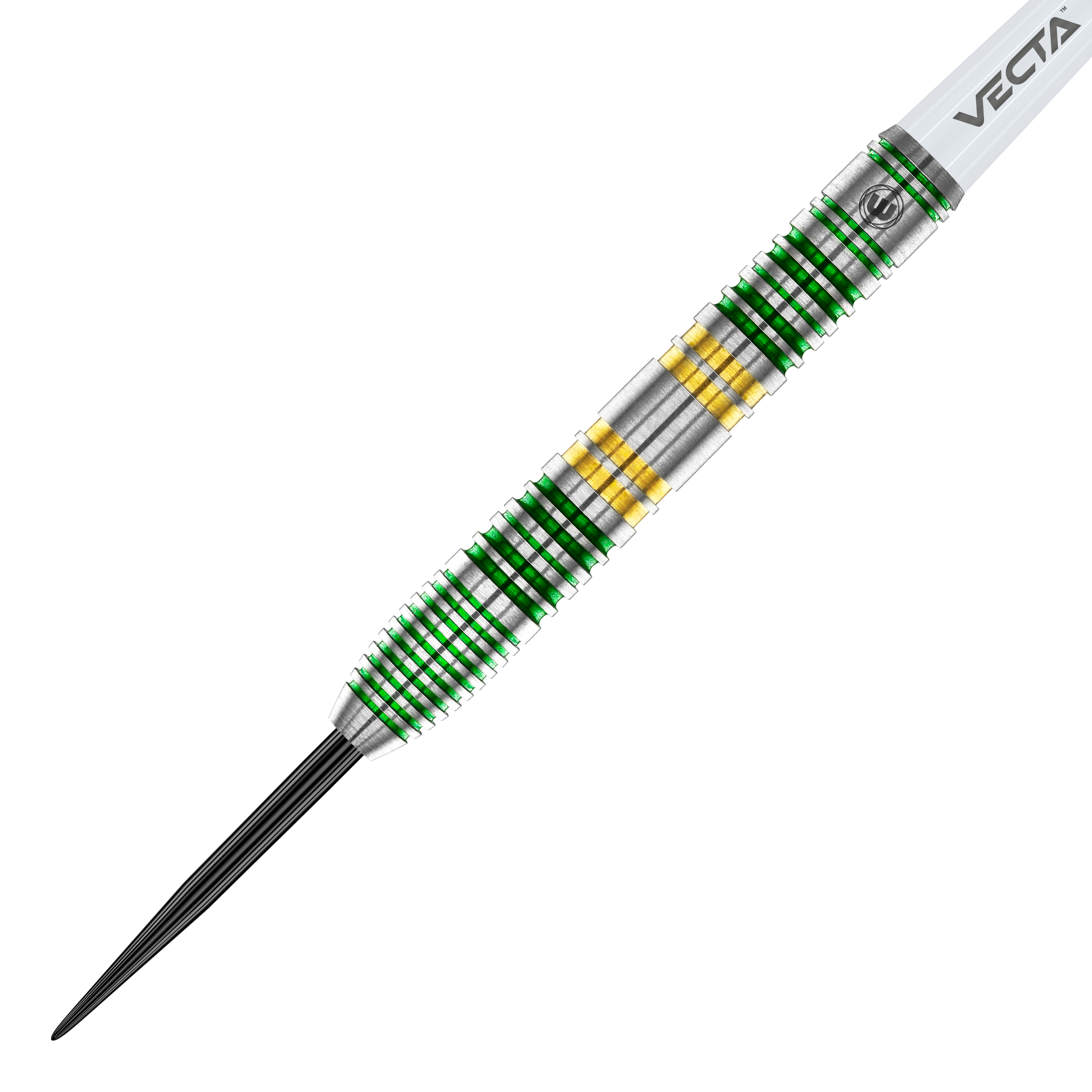 Fléchettes en acier Winmau Xenon Das Bild zeigt einen Winmau Xenon Steeldart. Der Dartpfeil hat ein silbernes Griffstück mit grünen und goldenen Ringen.