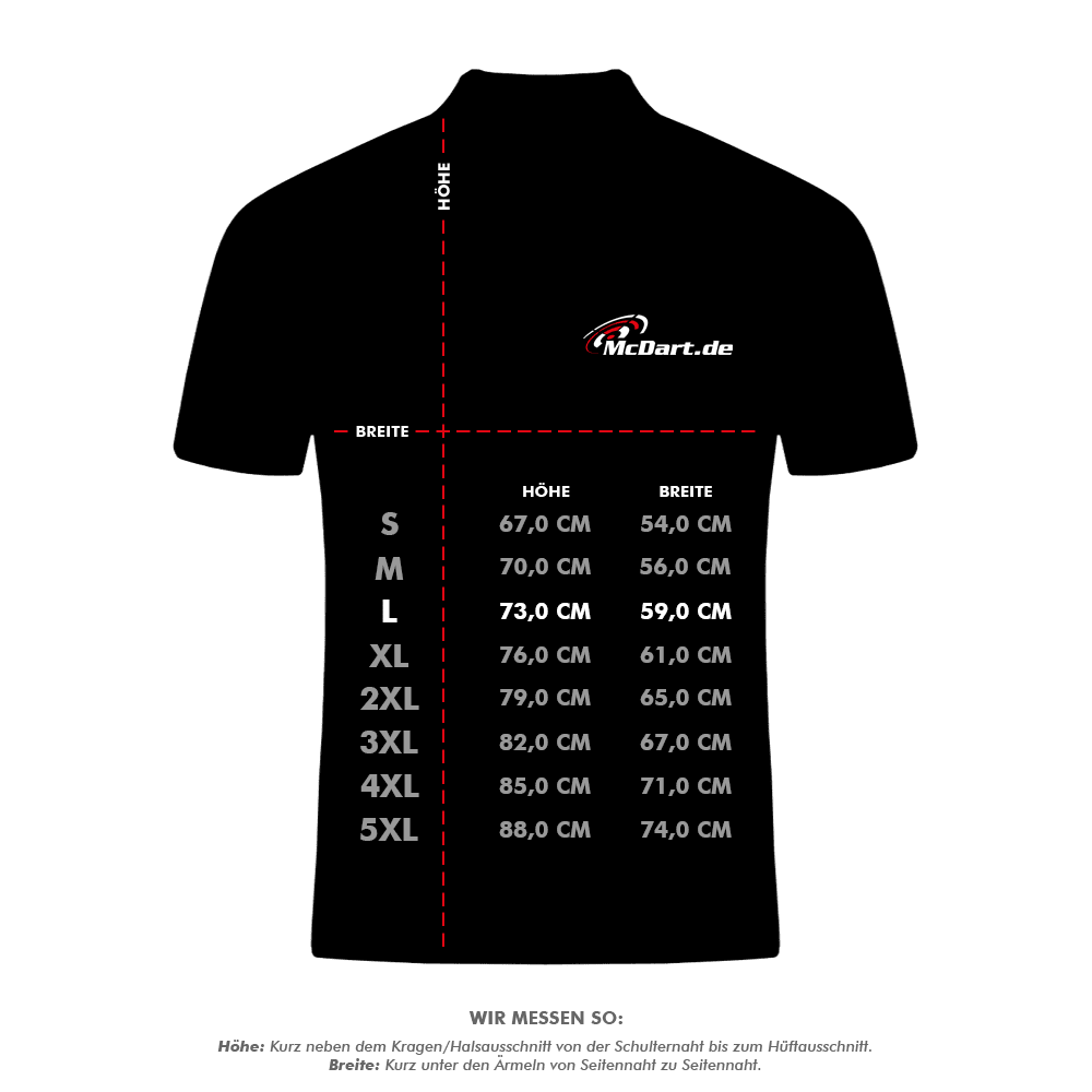HRS-26036Harrows_Paragon_Dartshirts_5_LHlpblGb6UzGC4 Das Bild zeigt eine Maßtabelle für das Produkt "Harrows Paragon Dartshirt - Grün". Die Tabelle gibt die Höhe und Breite des Shirts in verschiedenen Größen von S bis 5XL an.
