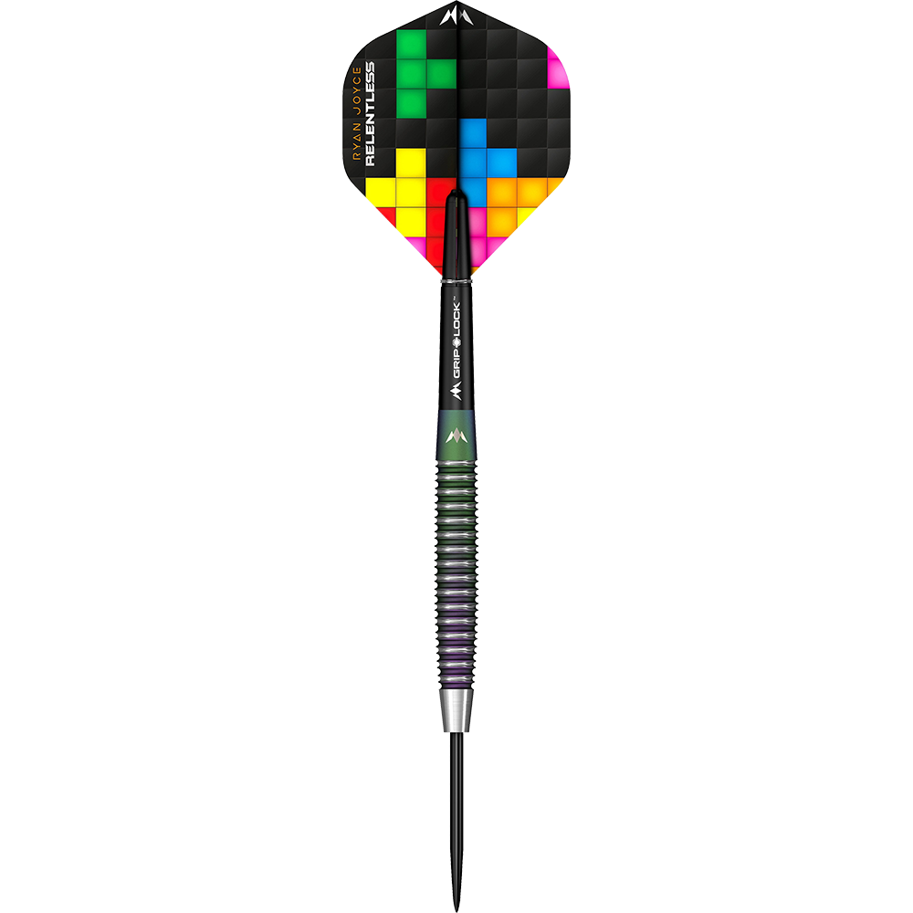 M001074_Mission_Ryan_Joyce_Relentless_Steeldarts_1Rr19fbaxU4zzN Der Mission Ryan Joyce Relentless Steeldart hat einen schwarzen Schaft und eine bunte Flights-Spitze mit Pixelmuster. Der Dart wirkt hochwertig und ist für professionelle Darts-Spiele geeignet.