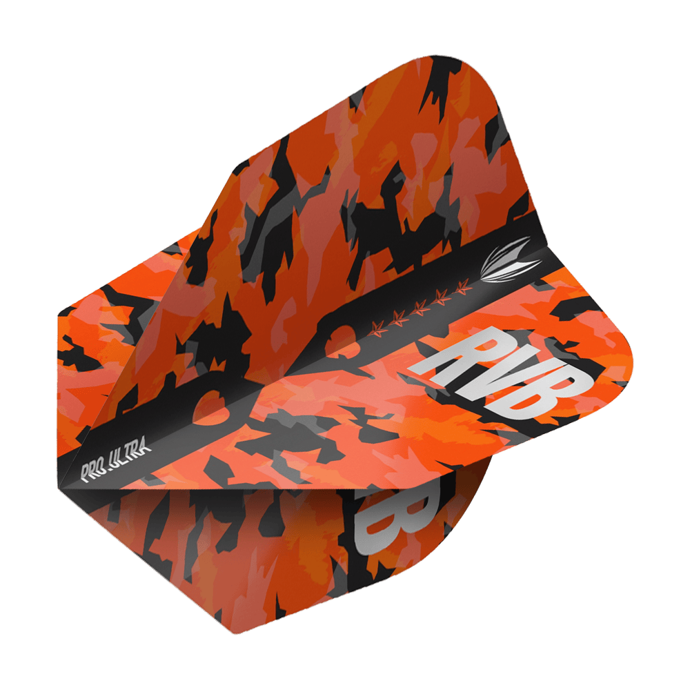 Das Bild zeigt ein Dart Flight mit einem auffälligen orange-schwarzen Camouflage-Muster. Auf dem Flight stehen die Buchstaben "RVB" und das Produkt heißt "Target ProUltra Barney Army Camo Ten-X Flights".