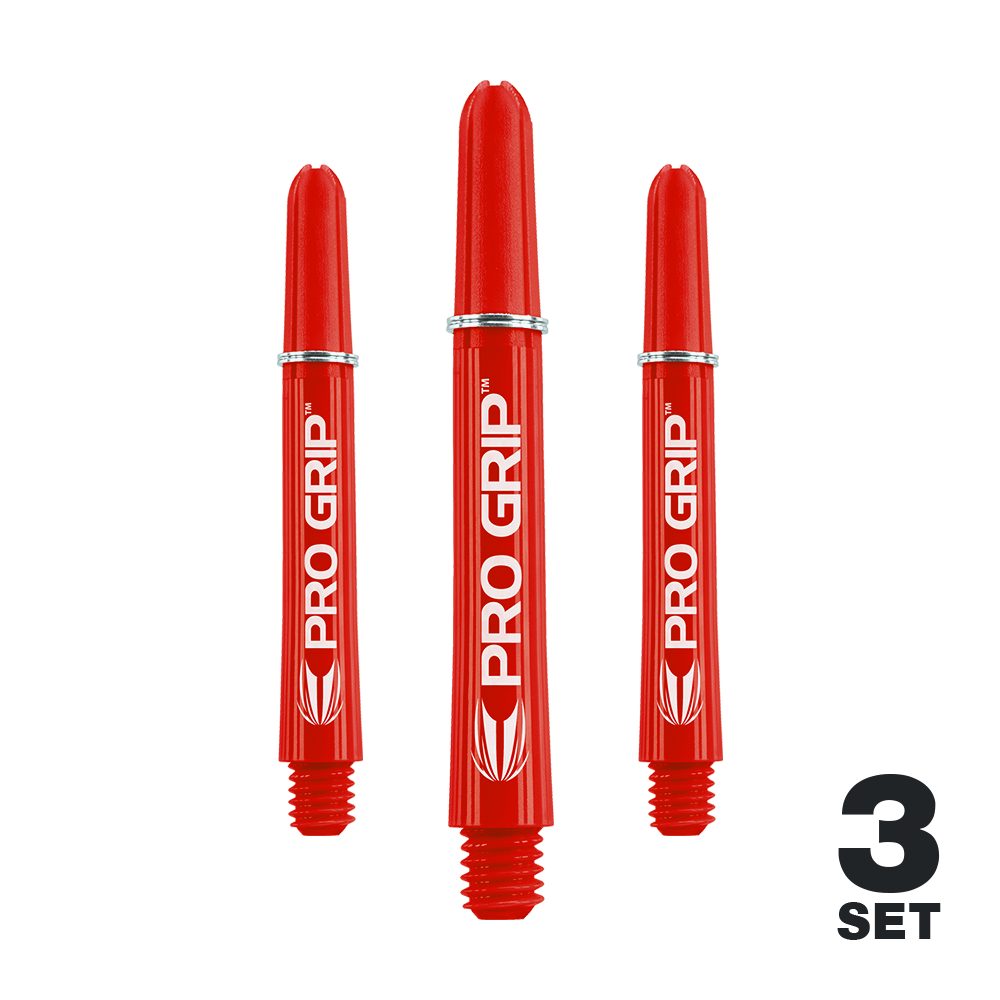 Tiges Target Pro Grip - 3 jeux - Rouge Auf dem Bild sind drei rote PRO GRIP Shafts für Darts zu sehen. Unten rechts steht "3 SET," was darauf hinweist, dass es sich um ein Set mit drei Stück handelt.