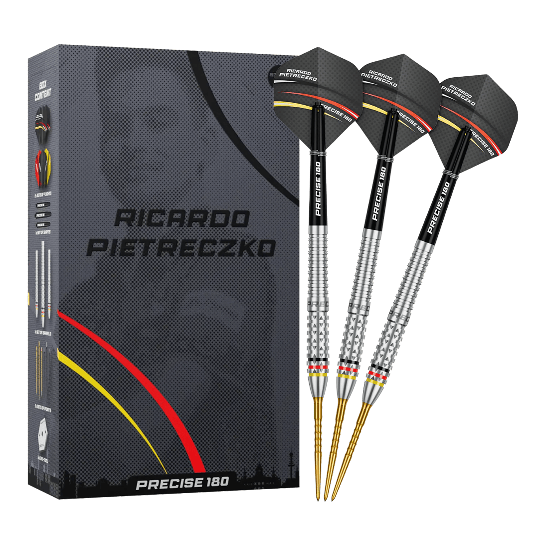 Fléchettes en acier Precise 180 Ricardo Pietreczko GEN1 Vollansicht der Precise 180 Ricardo Pietreczko GEN1 Steeldarts. Diese Darts sind für Präzision und Kontrolle entwickelt.