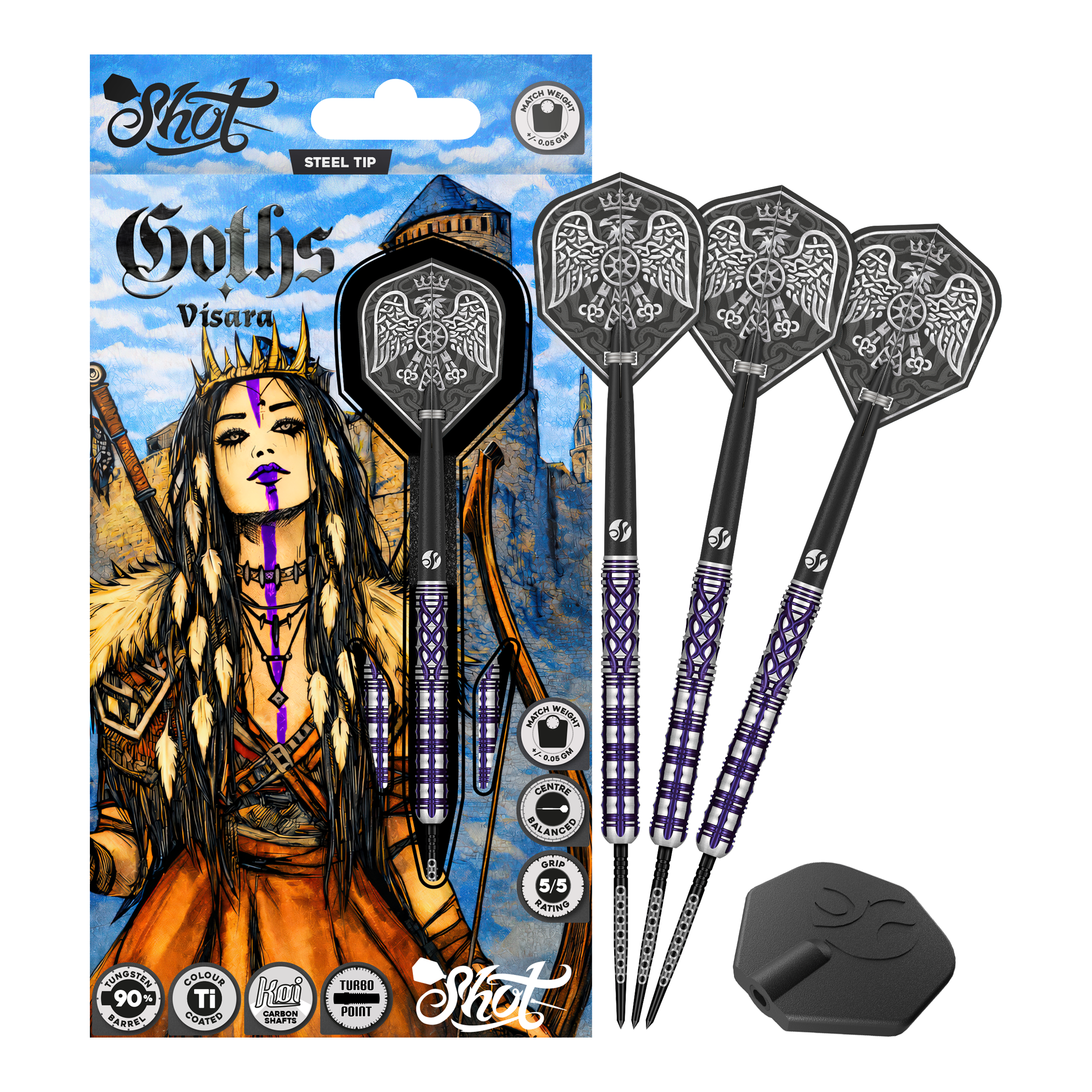 Fléchettes en acier Shot Goths Visara Turbo Point - 23 g Das Produkt zeigt die Shot Goths Visara Turbo Point Steeldarts - 23g in voller Ansicht. Diese Steeldarts stehen für Qualität und Zuverlässigkeit beim Dartspiel.