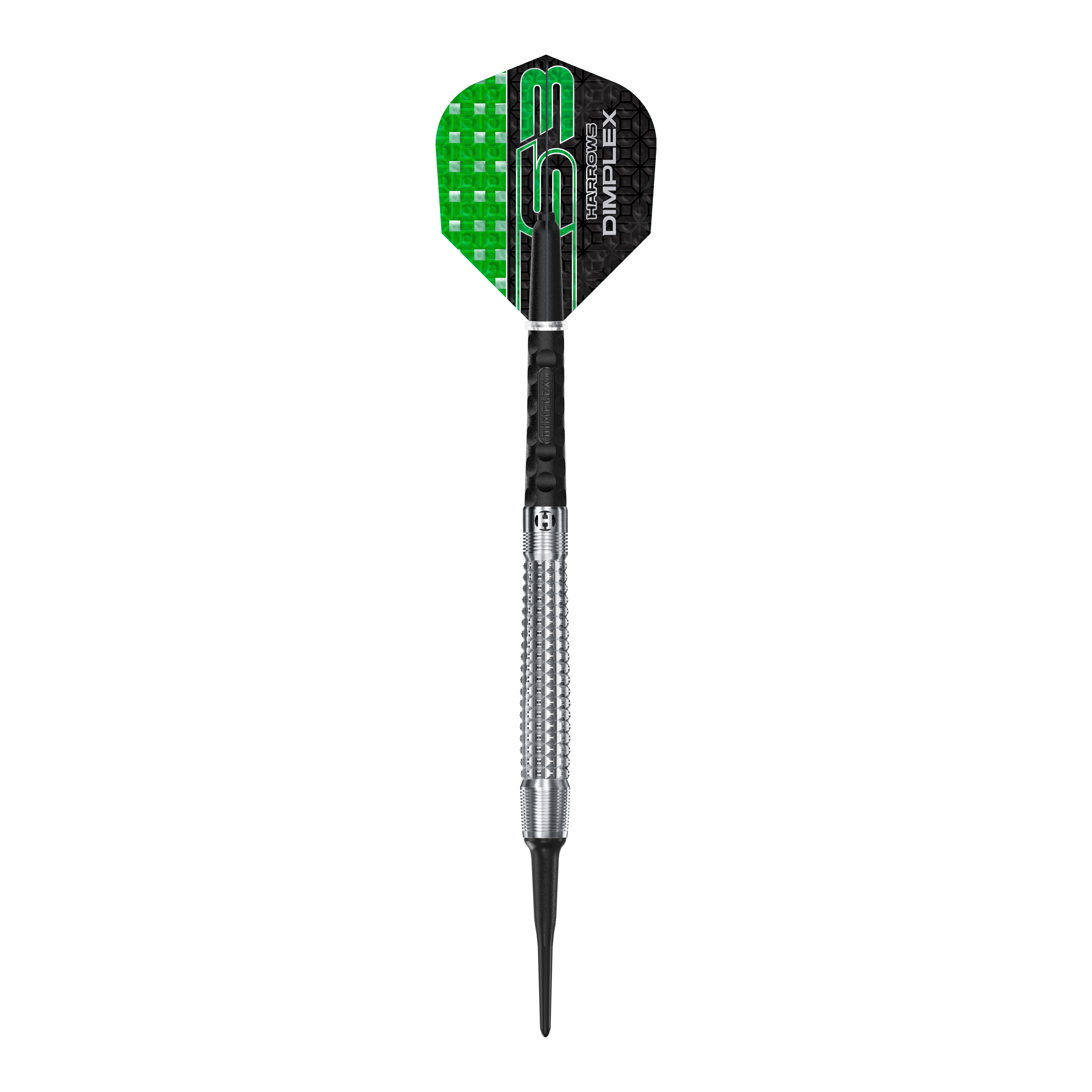 Fléchettes souples coniques Harrows Dimplex S3 Das Bild zeigt einen Harrows Dimplex S3 Tapered Softdart. Der Dartpfeil hat eine Metallspitze und ein schwarzes und grünes Flight-Design.