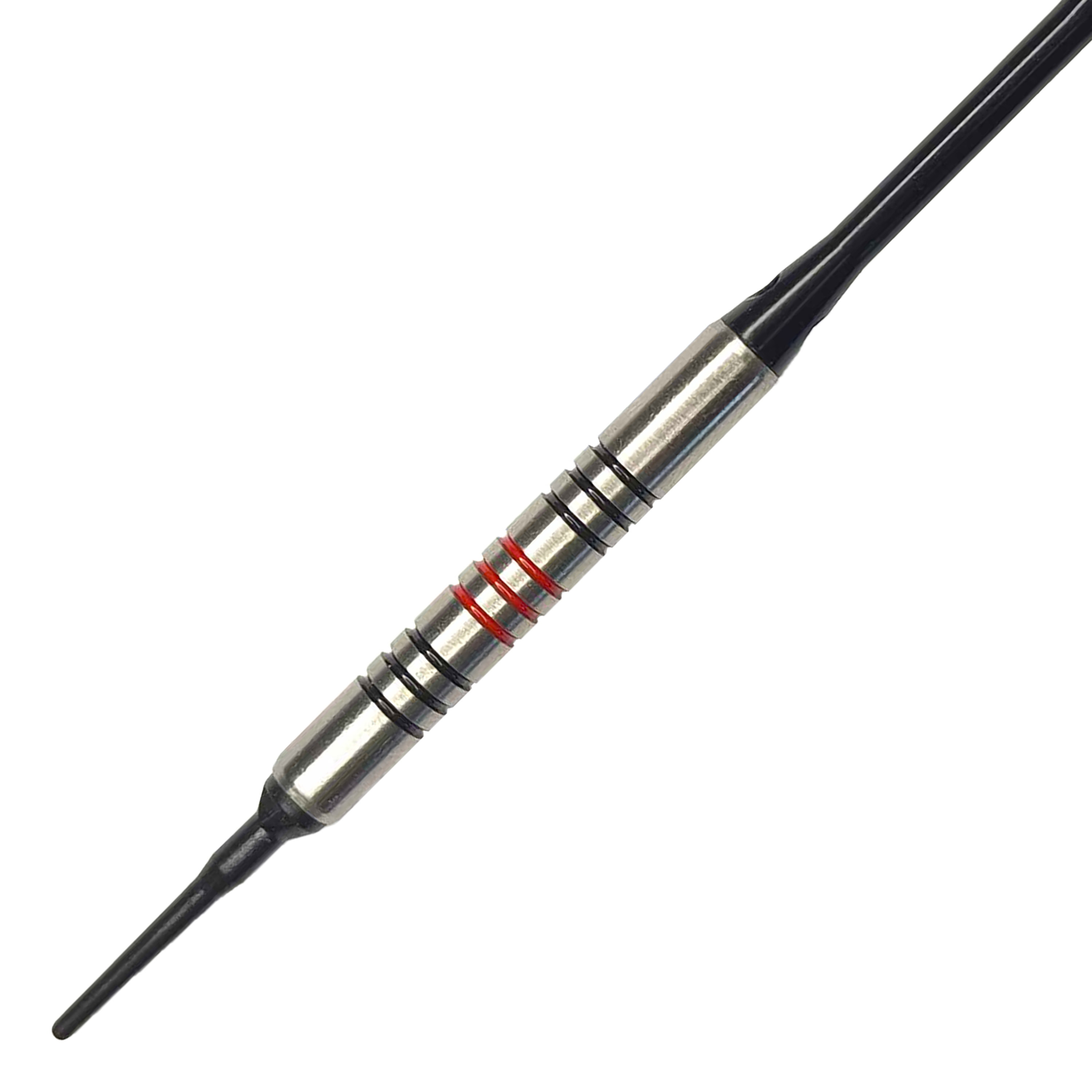 Fléchettes souples McDart 85 Tungstène V11 - 17,5 g Dies ist ein McDart 85er Tungsten V11 Softdart mit einem Gewicht von 17,5g. Der Dart hat einen silbernen Körper mit schwarzen und roten Ringen.