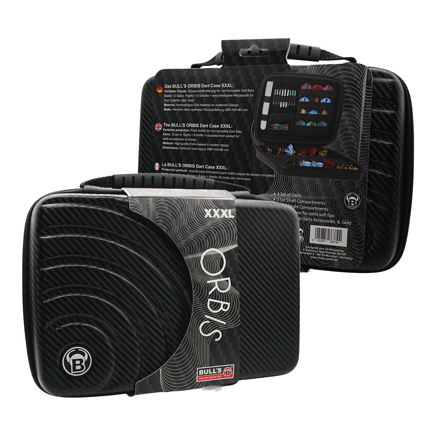Étui à fléchettes Bulls Orbis XXL - gris carbone Das Bild zeigt das Produkt "Bulls Orbis XXL Dartcase - Carbongrey" in schwarzer Carbon-Optik. Das Dartcase ist groß und bietet Platz für mehrere Dart-Sets und Zubehör.