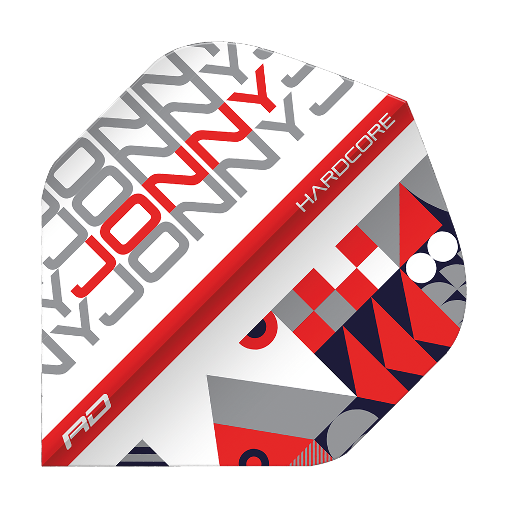TF6663_Red_Dragon_Hardcore_Jonny_WhiteRed_Standard_Flights_1E1kv8MpWne8z0 Das Bild zeigt ein Dartflight mit dem Namen "Jonny" in großen grauen und roten Buchstaben. Das Design ist in Rot, Weiß und Grau gehalten, mit geometrischen Mustern und der Aufschrift "HARDCORE" und "RD".