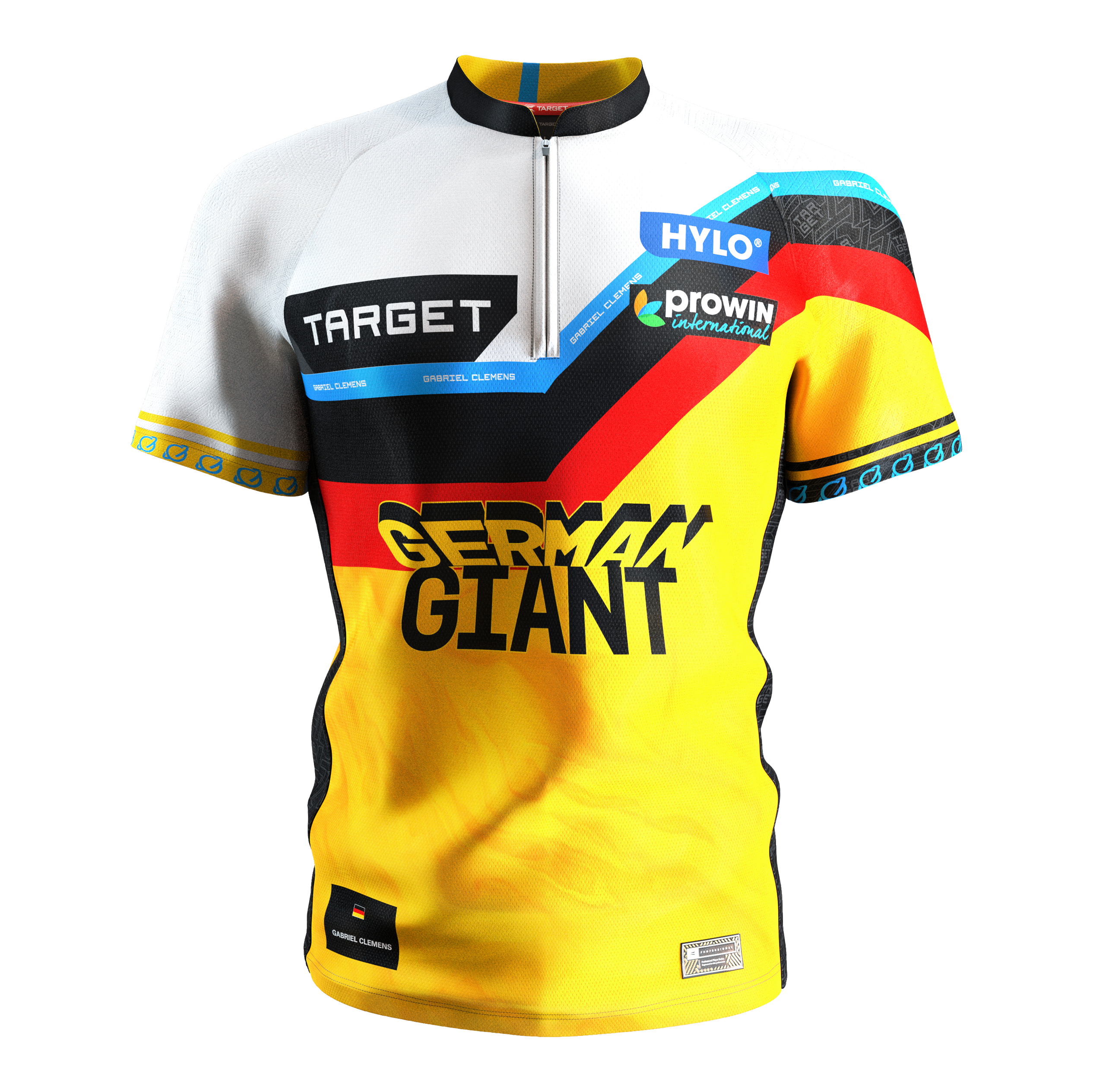 Maillot de fléchettes Target Coolplay Gabriel Clemens 2025 Das Bild zeigt das Target Coolplay Gabriel Clemens 2025 Dartshirt. Das Trikot ist gelb, schwarz, rot und weiß und trägt die Aufschrift "GERMAN GIANT" auf der Vorderseite.