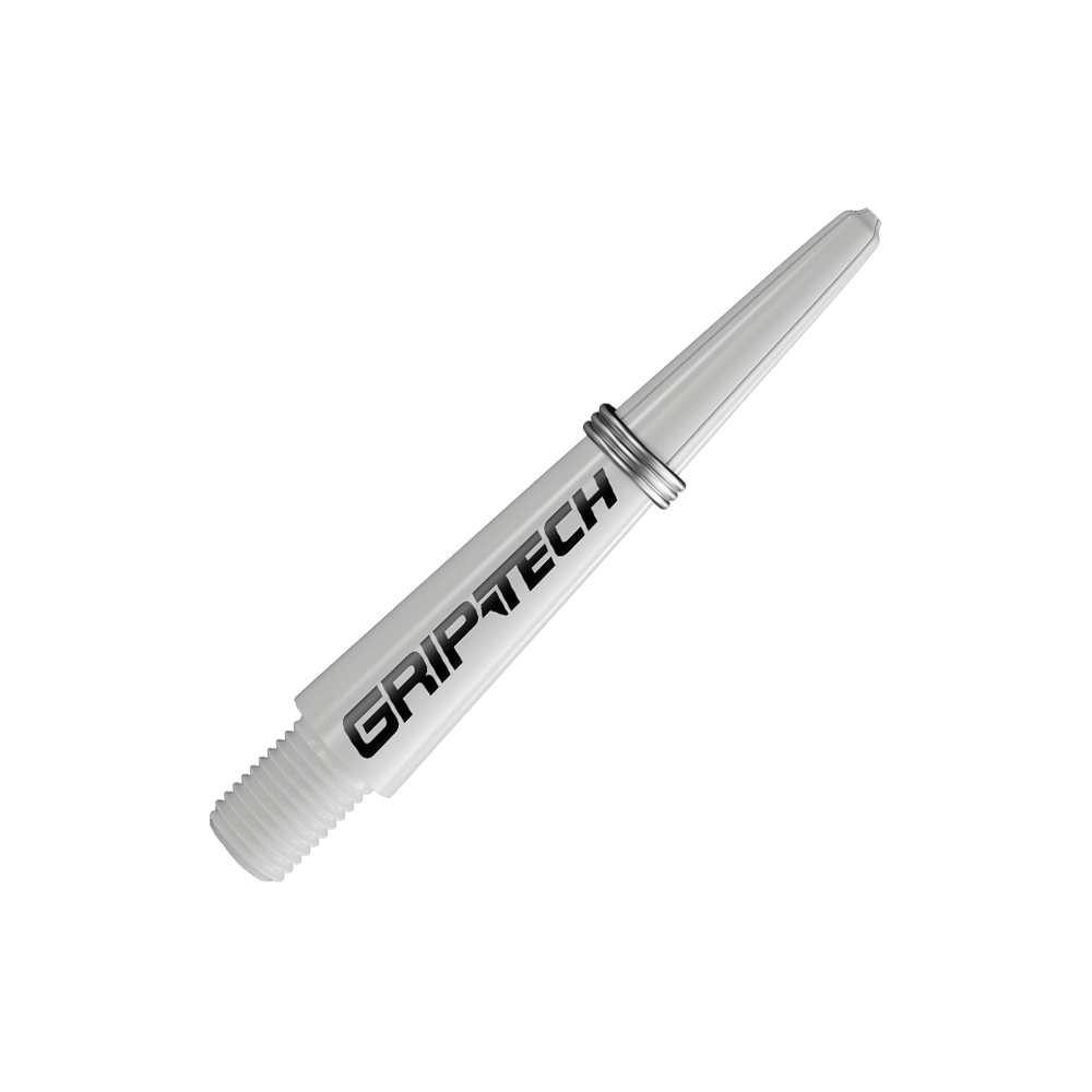 Tiges GOAT Griptech - Blanches Das Bild zeigt einen weißen Dart-Schaft mit der Aufschrift "GRIPTECH". Der Schaft hat ein Gewinde an einem Ende und einen silbernen Ring in der Mitte.