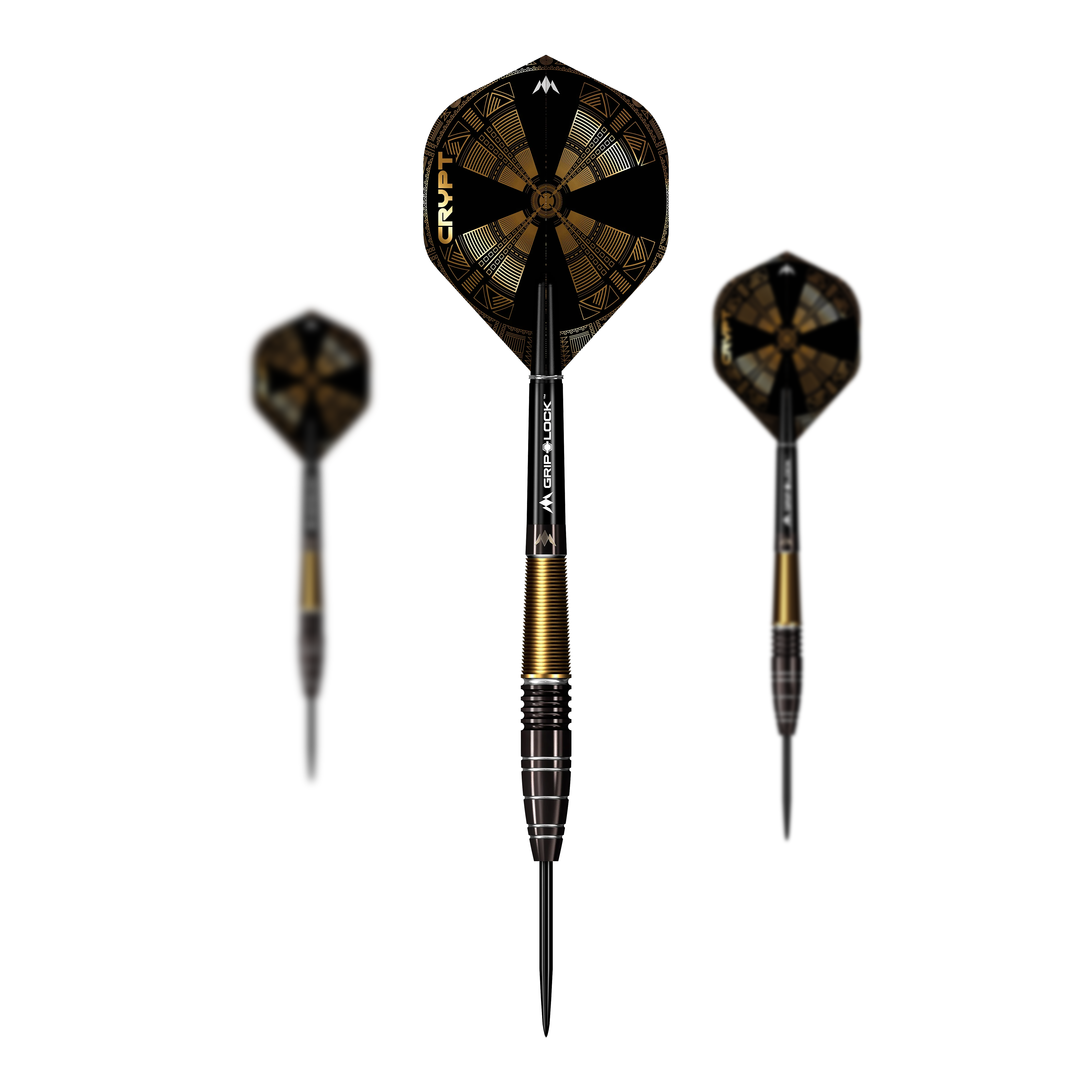 Fléchettes en acier Mission Crypt Modèle 1 - 22 g Die Abbildung zeigt drei Steeldarts des Modells "Mission Crypt Model 1" mit einem Gewicht von 22g. Die Darts sind schwarz-golden gestaltet und haben ein modernes, geometrisches Flight-Design.