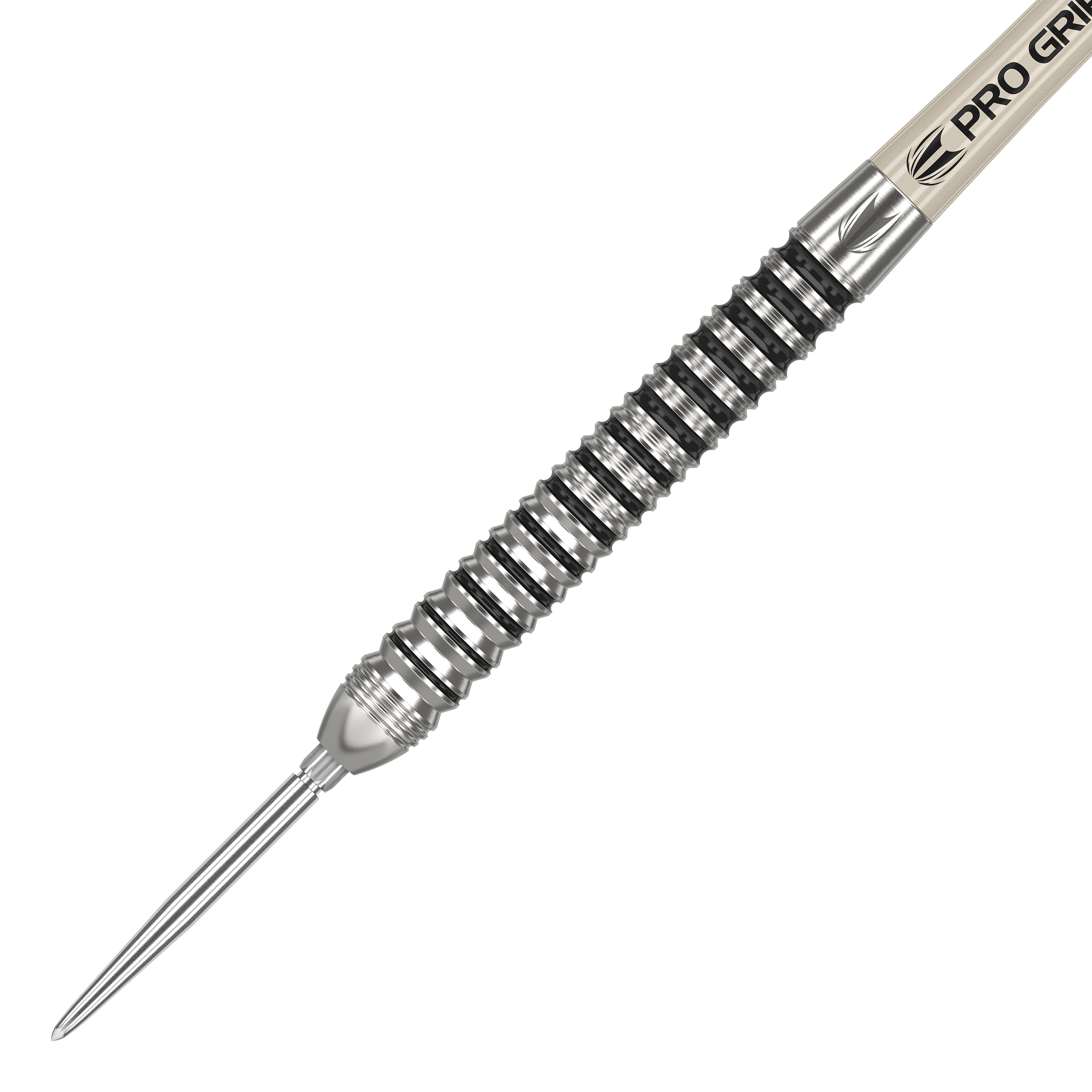 Fléchettes en acier Target EXO SP01 Swiss Point Das Bild zeigt einen Target EXO SP01 Swiss Point Steeldart. Der Dart hat ein silbernes, geriffeltes Barrel und eine spitze Stahlspitze.