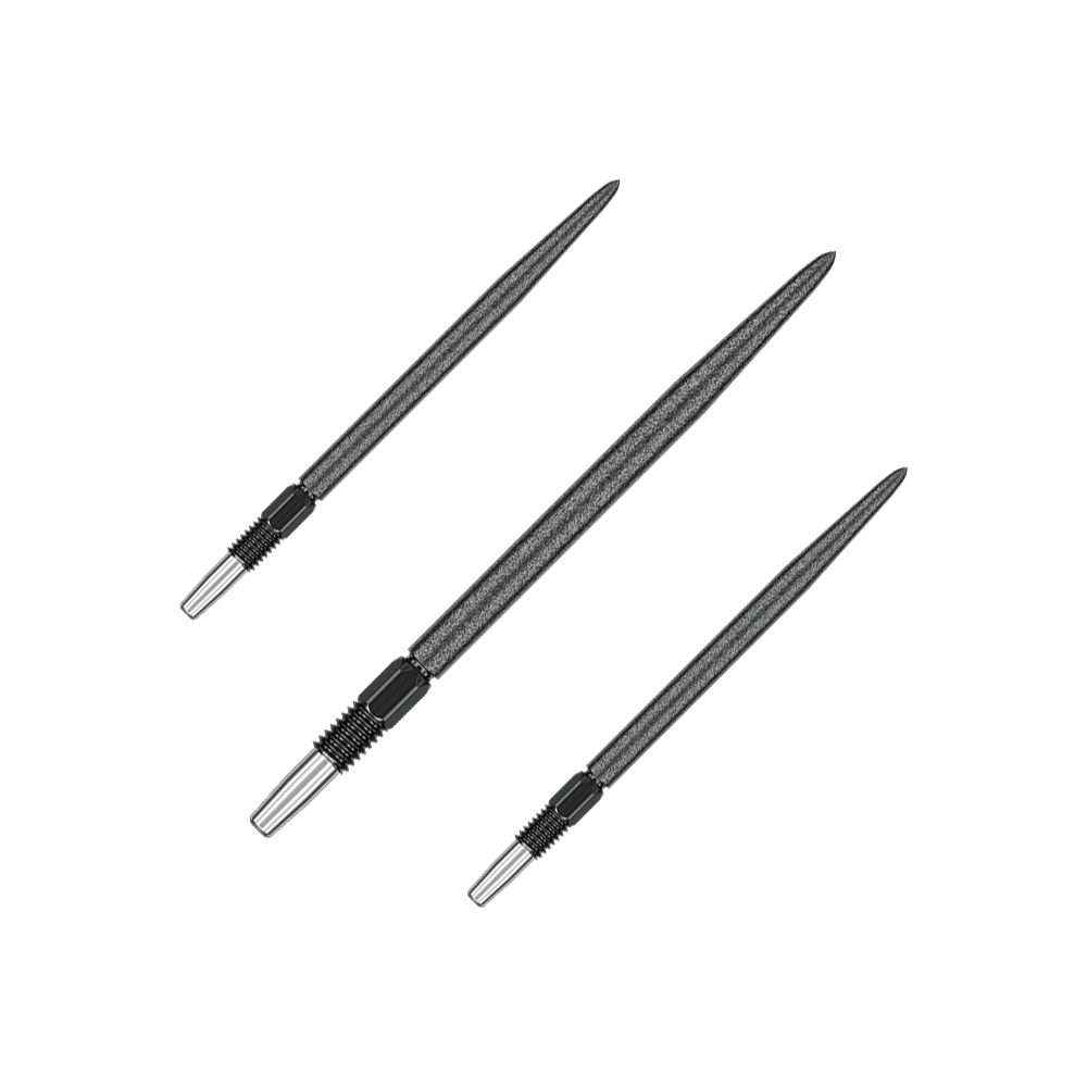 Pointes de fléchettes Target Swiss Point SLK - Noires Das Bild zeigt drei schwarze Dartspitzen, die nebeneinander liegen. Sie haben eine metallische Spitze und einen geriffelten Abschnitt am Ende.