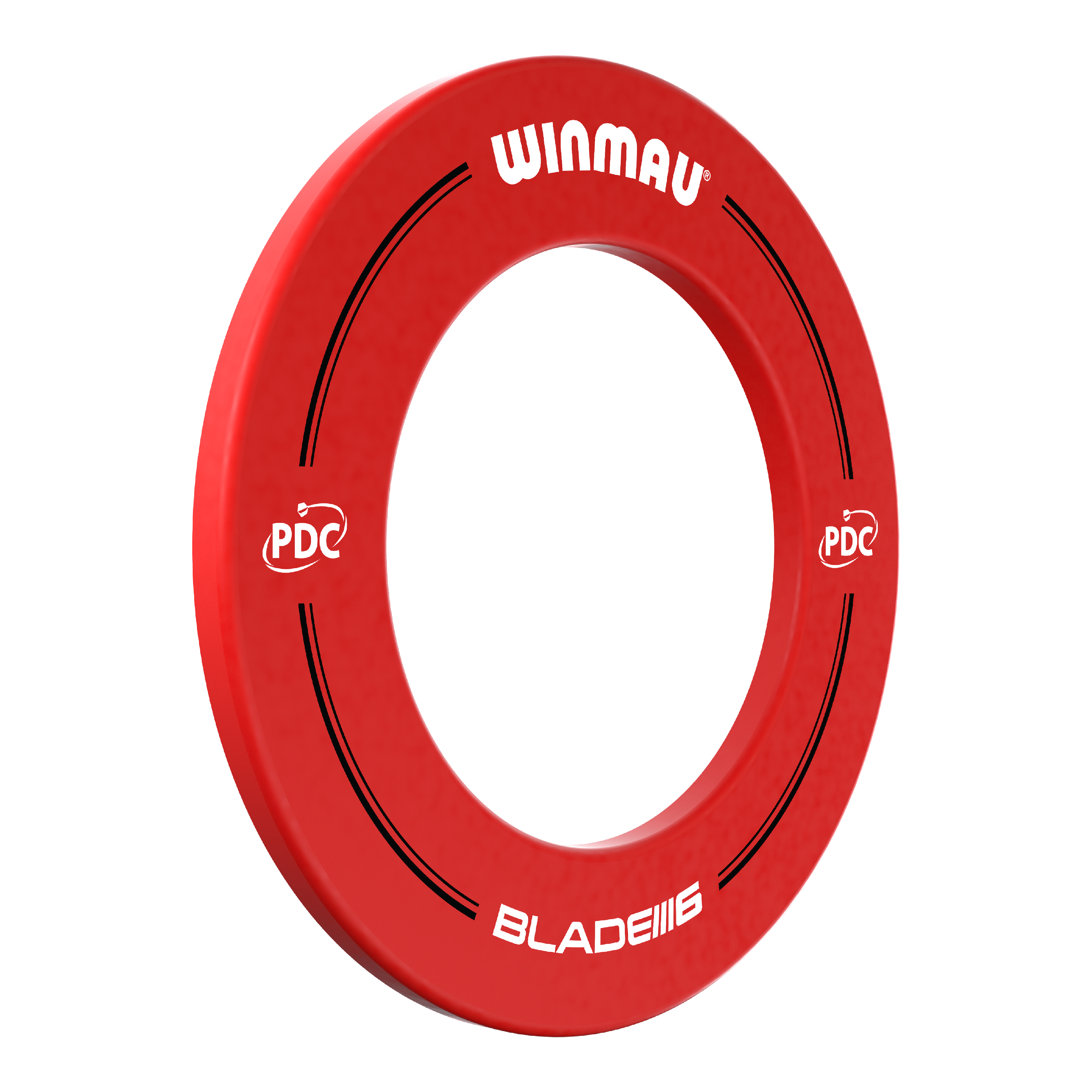 Cadre de fléchettes Winmau PDC - Rouge Das Bild zeigt einen roten Dartboard-Surround von Winmau mit der Aufschrift „PDC“ und „BLADE 6“. Der Surround dient dazu, die Wand rund um ein Dartboard vor abprallenden Pfeilen zu schützen.