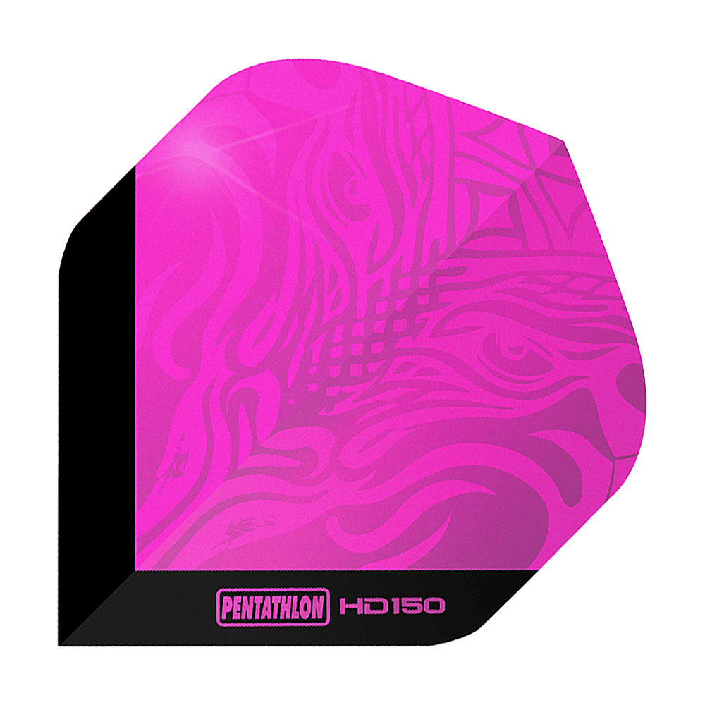 Volets standard Pentathlon HD150 rose métallisé Das Bild zeigt den Pentathlon HD150 Metallic Pink Standard Flight. Er ist in einem auffälligen Metallic-Pink gehalten und hat ein modernes Muster.