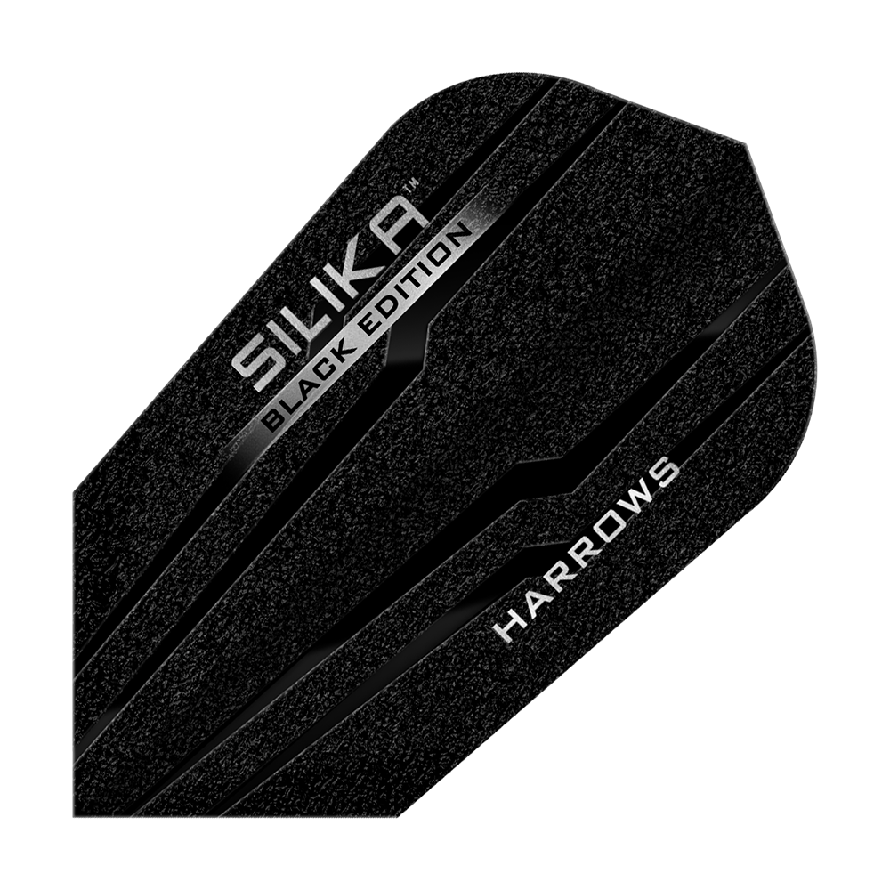 Volets fins Harrows Silika Black Edition Das Bild zeigt das Produkt "Harrows Silika Black-Edition Slim Flights". Die Dart-Flights sind schwarz mit silbernen Schriftzügen und einem modernen Design.