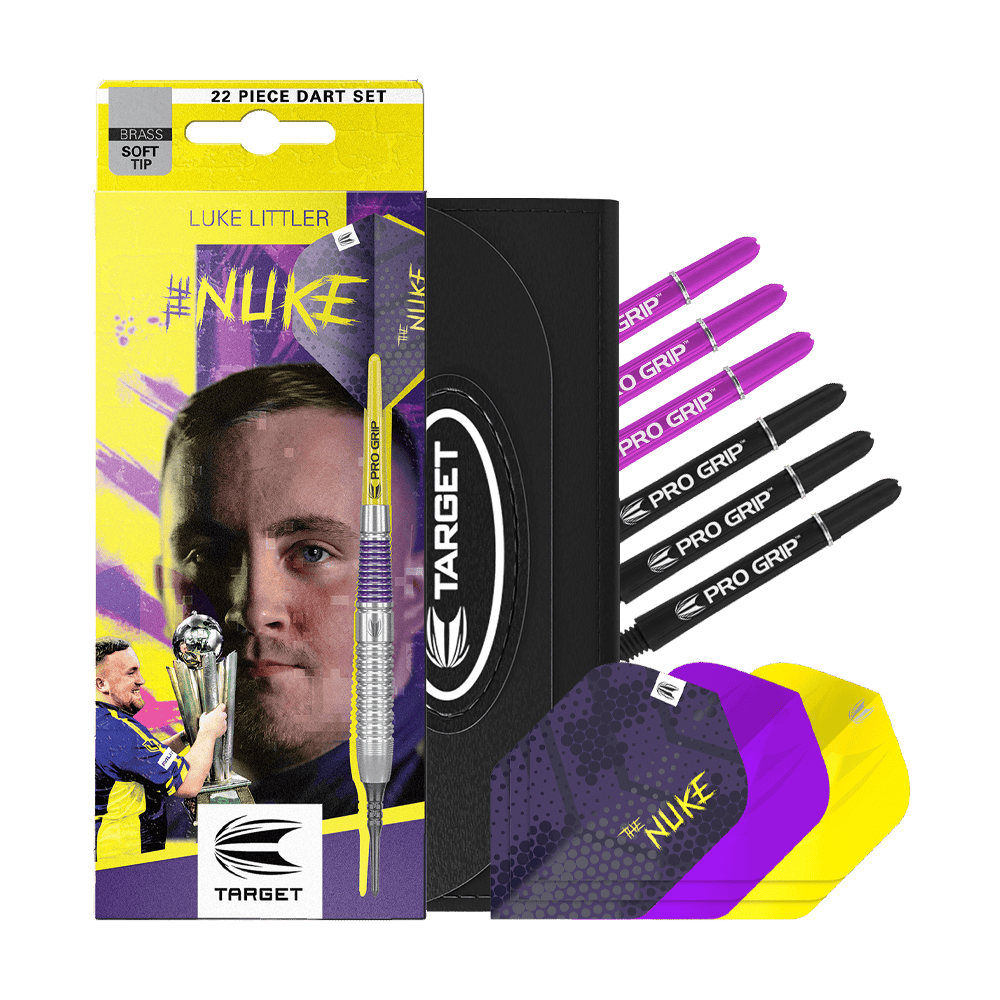 Fléchettes souples en laiton Target Luke Littler - 19 g Das Bild zeigt die Target Luke Littler Brass Softdarts - 19g. Die Darts eignen sich zum Spielen auf elektronischen Dartboards.