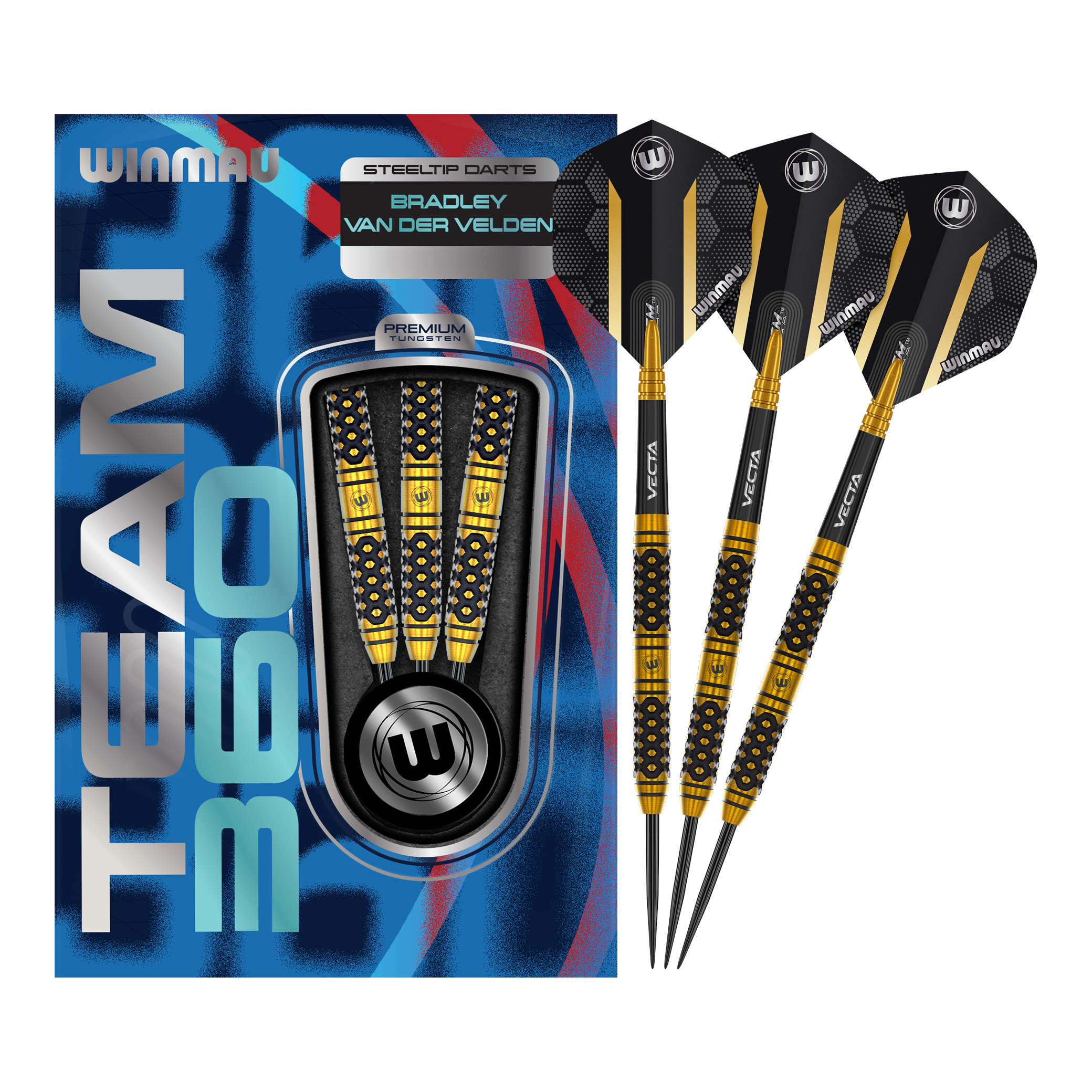 Fléchettes en acier Winmau Team 360 Bradley Van Der Velden - 22 g Zu sehen ist ein Winmau Team 360 Bradley Van Der Velden Steeldarts - 22g. Das Bild vermittelt einen vollständigen Eindruck des Dartprodukts.