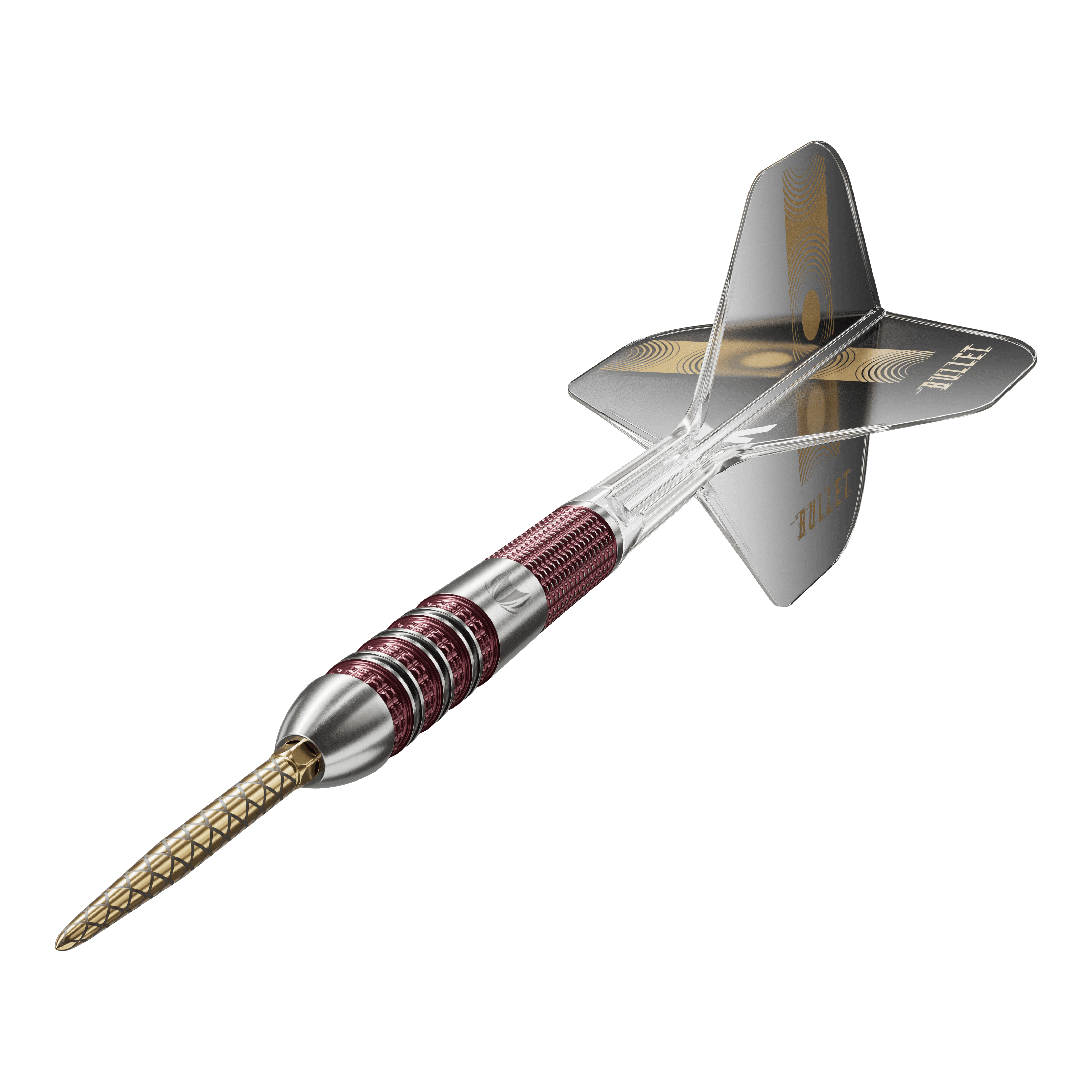 Fléchettes en acier à pointe suisse Target Stephen Bunting 95K Das Bild zeigt einen Target Stephen Bunting 95K Swiss Point Steeldart. Der Dartpfeil hat einen metallic-roten Griff, eine goldene Spitze und schwarze Flights mit dem Schriftzug "BULLET".