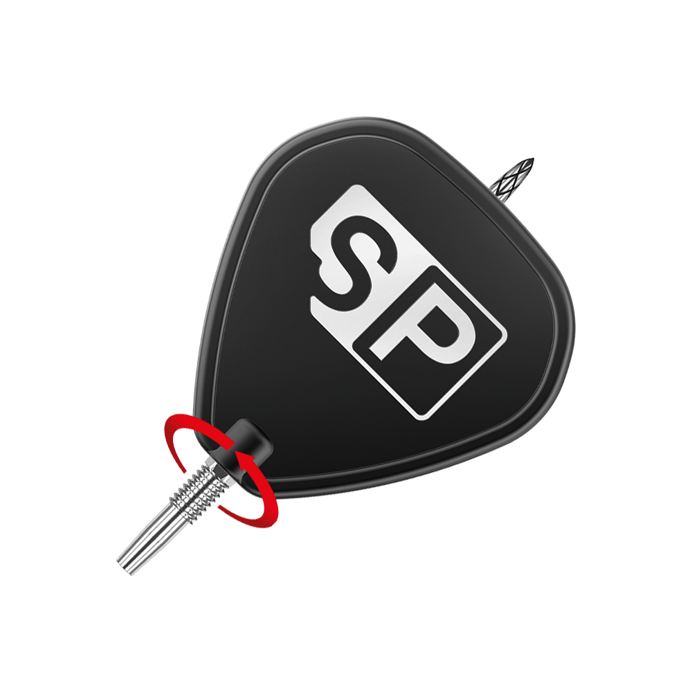 Target Swiss DS Surge Point Pointes de fléchettes - Argent Das Bild zeigt die Spitze eines Dartpfeils mit einem schwarzen Flight, auf dem die Buchstaben "SP" in Weiß abgebildet sind. Ein roter Pfeil weist auf den Befestigungspunkt der Spitze hin.